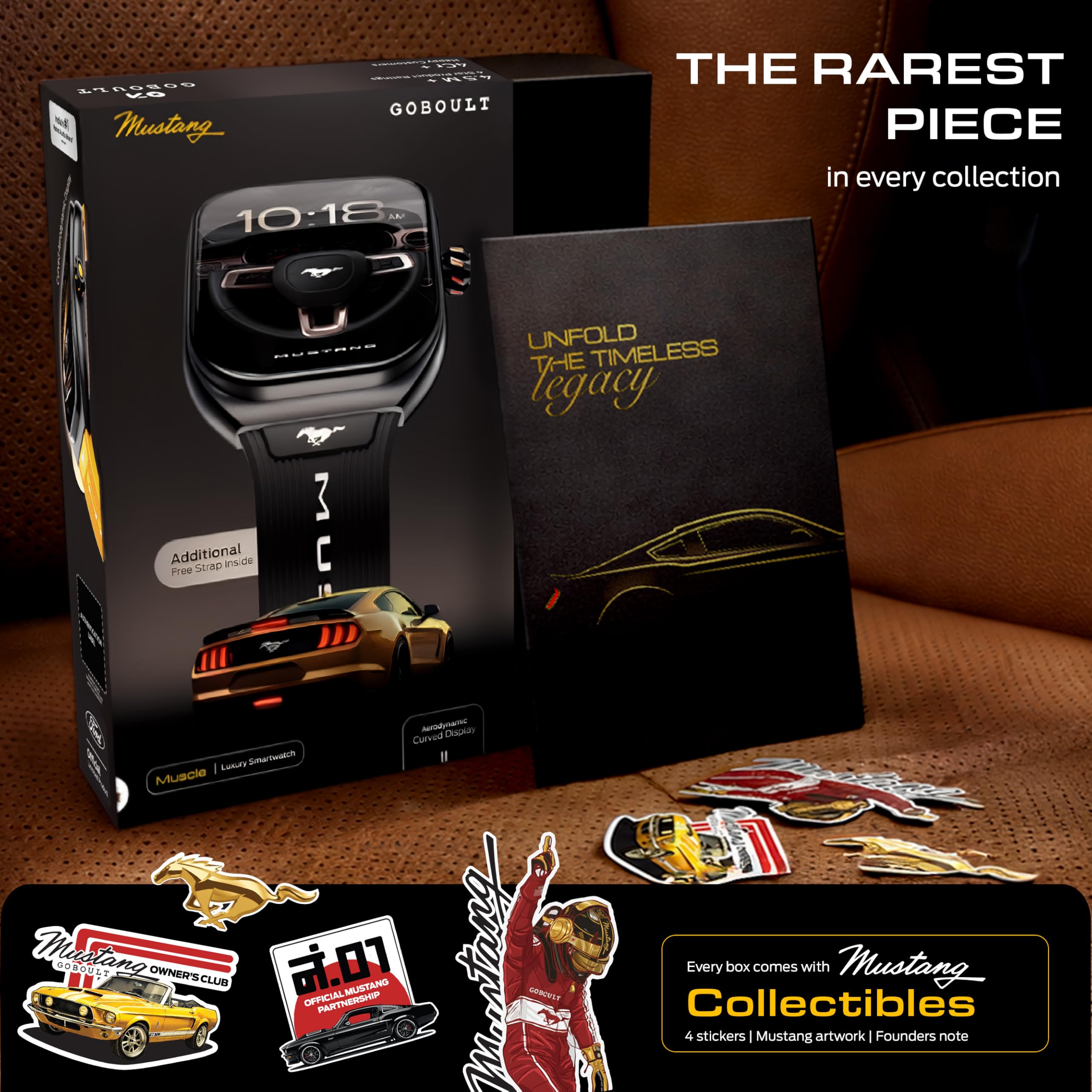 GOBOULT Mustang Muscle Smart Watch 2.01'' 3D Curved Display, Convertible Strap, Premium Metallic Crown, BT Calling, 600 Nits Brightness, AI Voice Assistant, IP68 (Extra Strap, Black Eclipse)