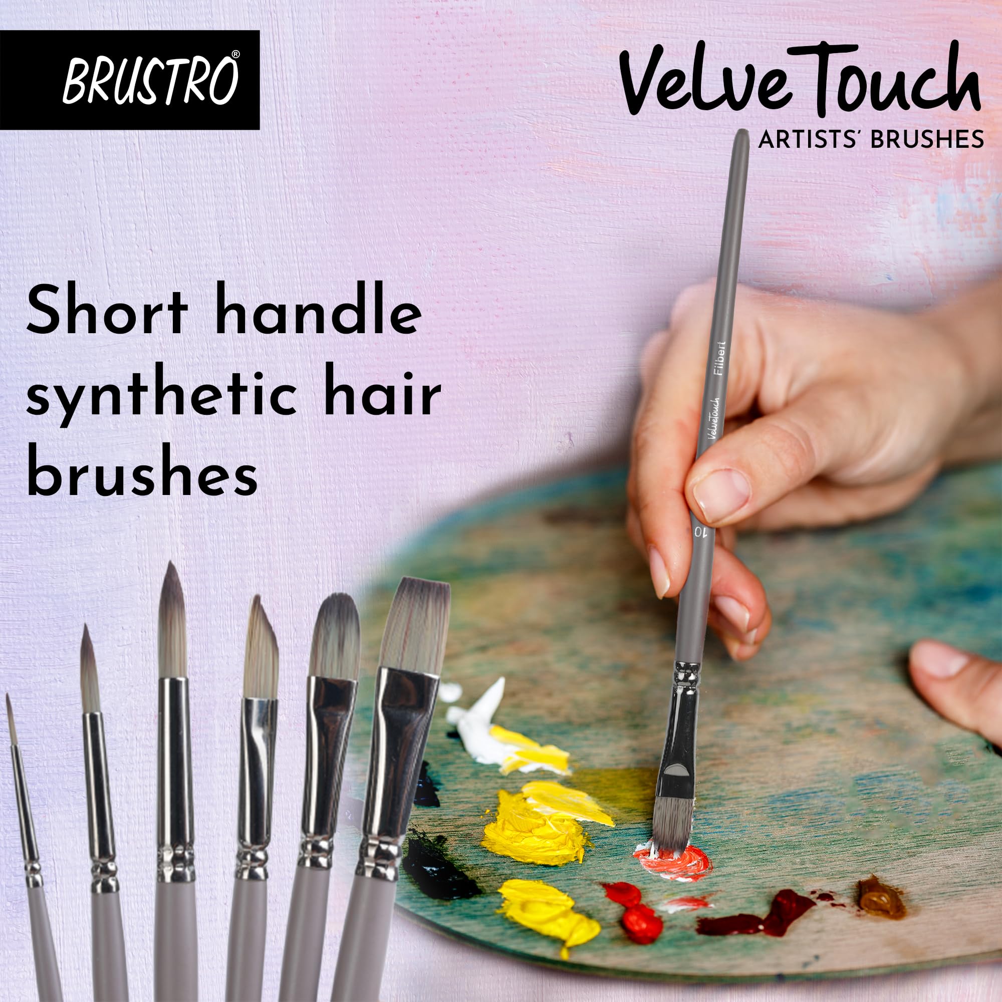 BRUSTRO VelveTouch Artist Brushes | Set of 6 | Gouache, Acrylics, Watercolor, and Oil Painting | Short Handle, Synthetic Bristles, Round, Filbert, Dagger, Flat Shape