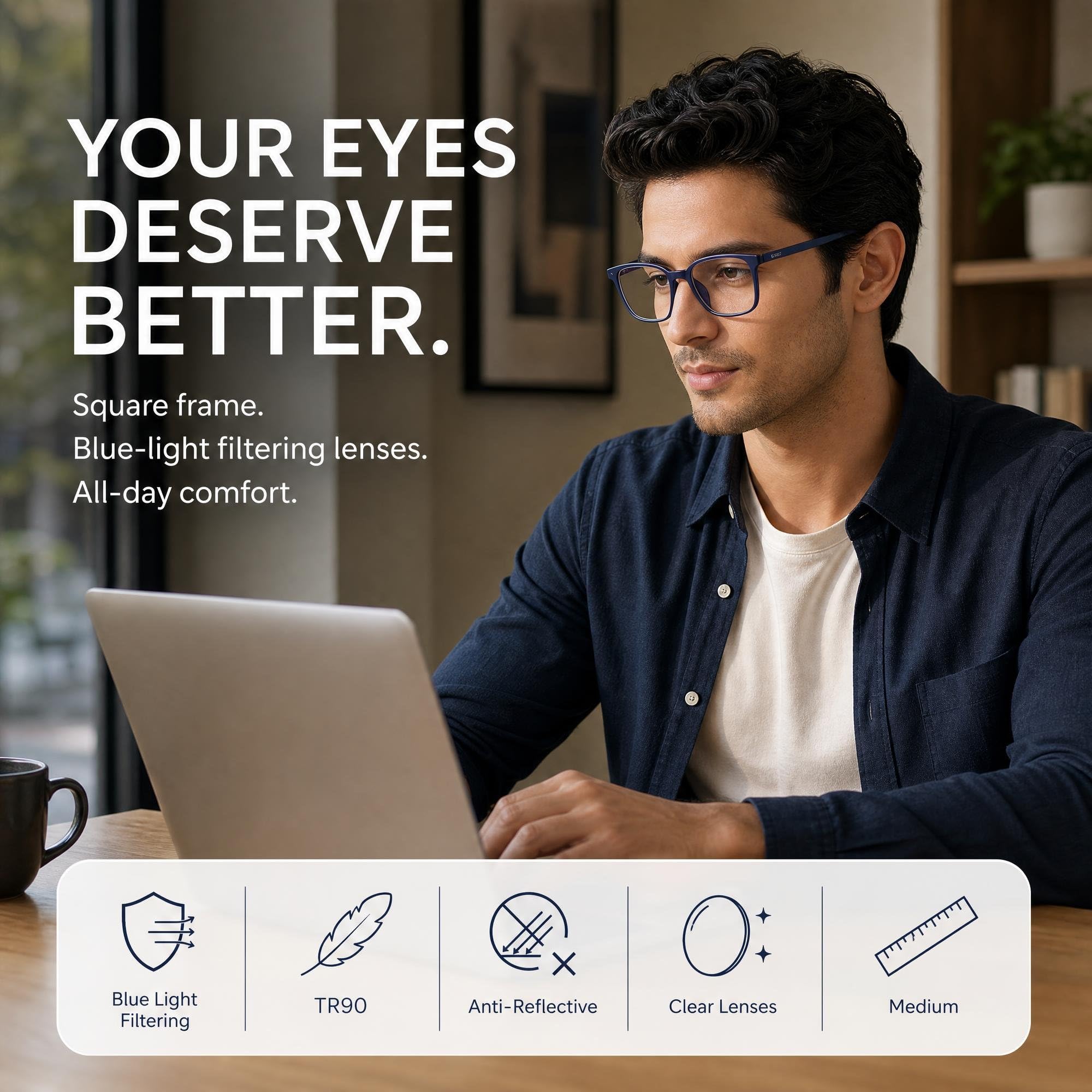 LENSKART BLU | Zero Power Blue Cut Computer Glasses | Gaming Glasses | Anti Glare, Lightweight & Blocks Harmful Rays | UV Protection Specs | Men & Women | Medium | LB E13526