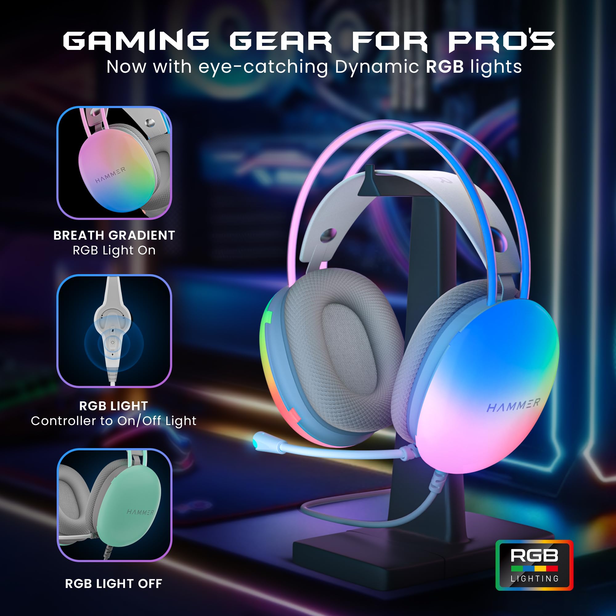 HAMMER Blaze Wired Over Ear Gaming Headphones with Mic, 50mm Drivers, Full RGB Lights, Gaming Headset with Adjustable Bands, Breathable earcushion, 1.5Mtr Wire with USB (Cyan)