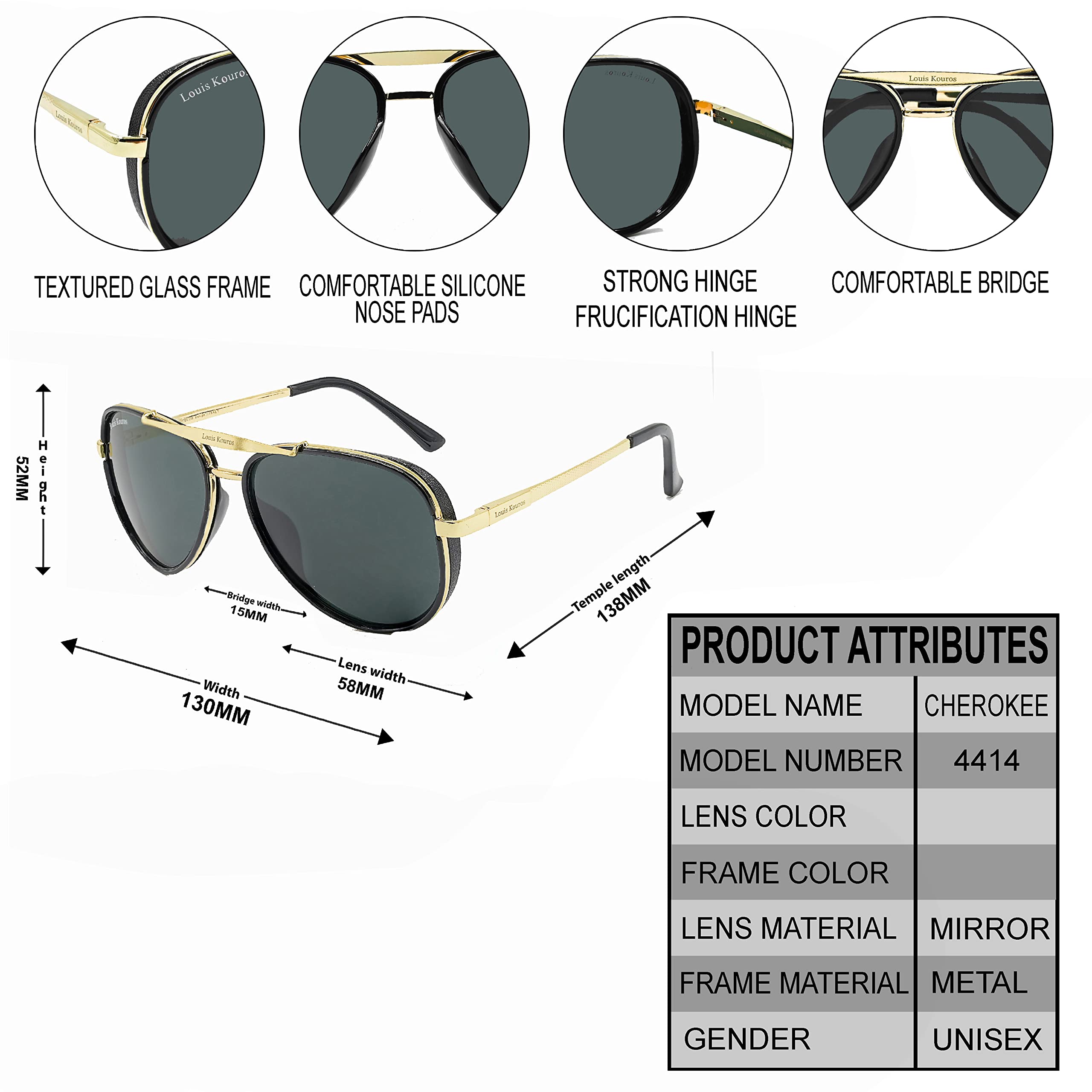 Louis Kouros Cherokee Aviator Classic 4414 sunglasses | Gold Frame | Black Lens | Mirror Lens | 400 UV Protected | For Men & Women | Medium