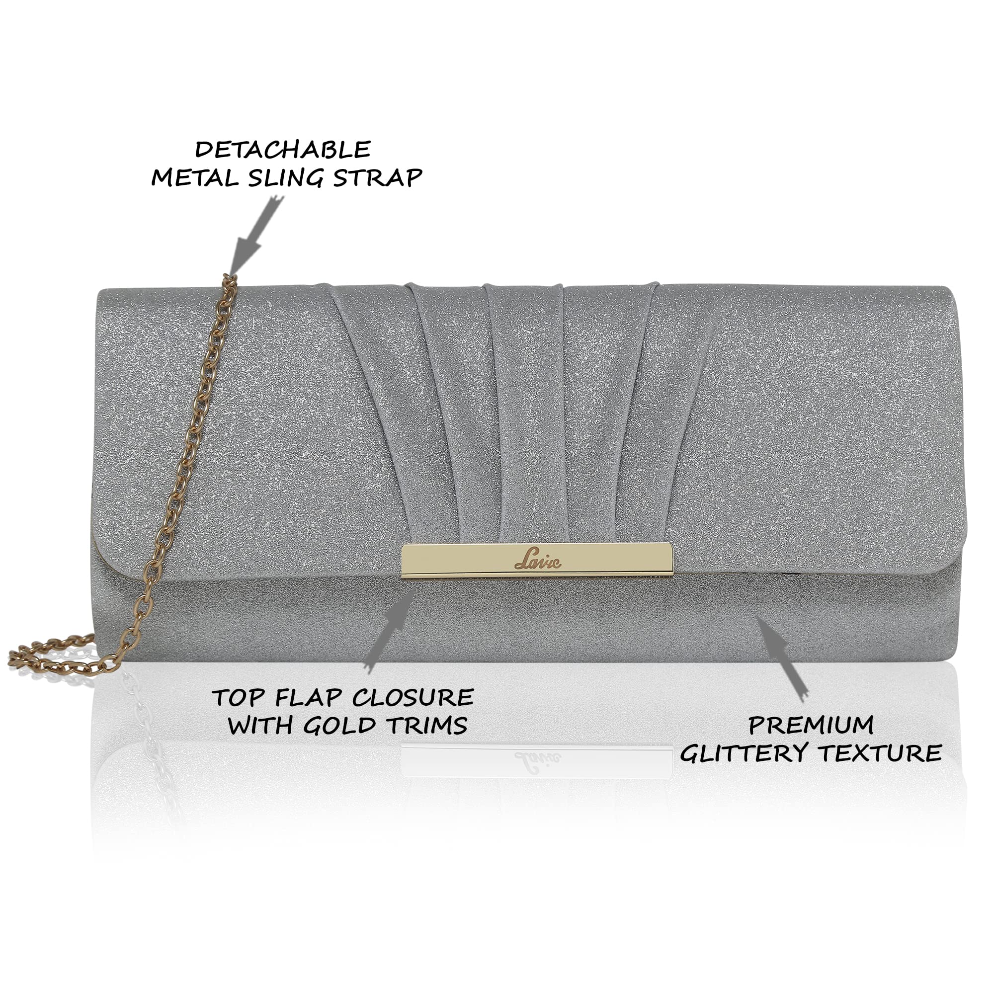 Lavie Women's Frame Detachable Chain Sling Strap Clutch Bags (Silver)