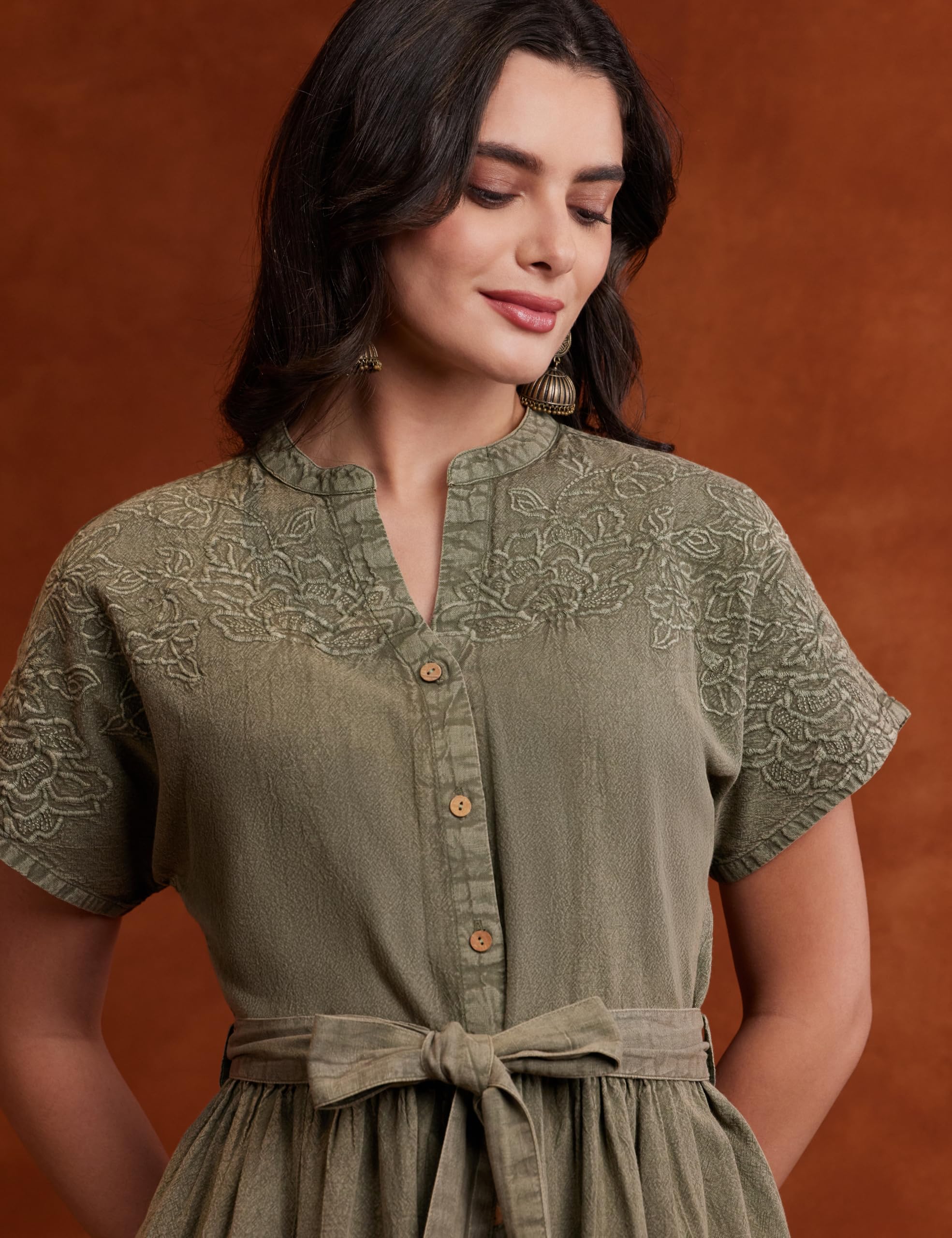 Myx Women's Embroidered Shirt Dress | Cotton Blend | Below The Knee (Available in Plus Sizes)