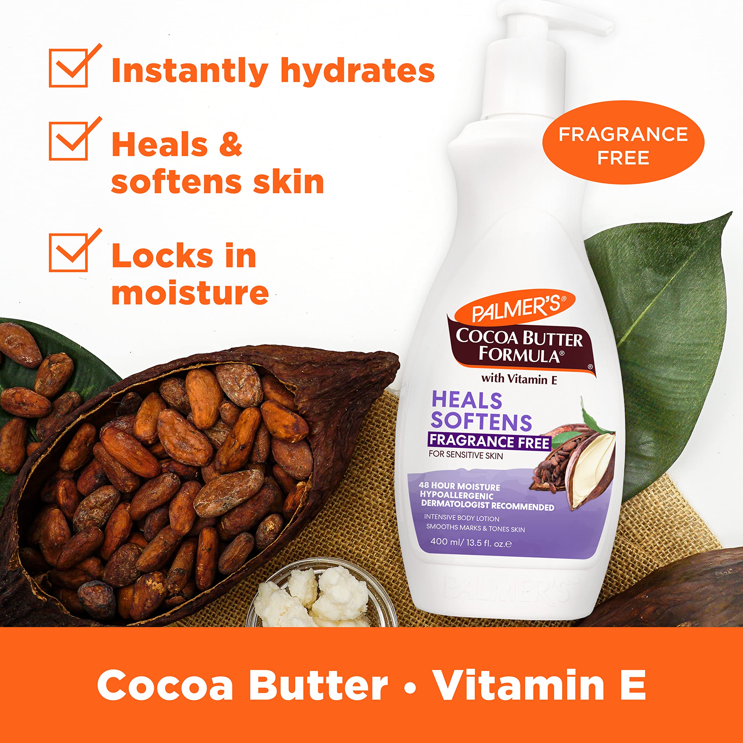 Palmer's Cocoa Butter Body Lotion, Fragrance Free for All Skin Types, Smoothes Marks & Tones Skin - 400ml