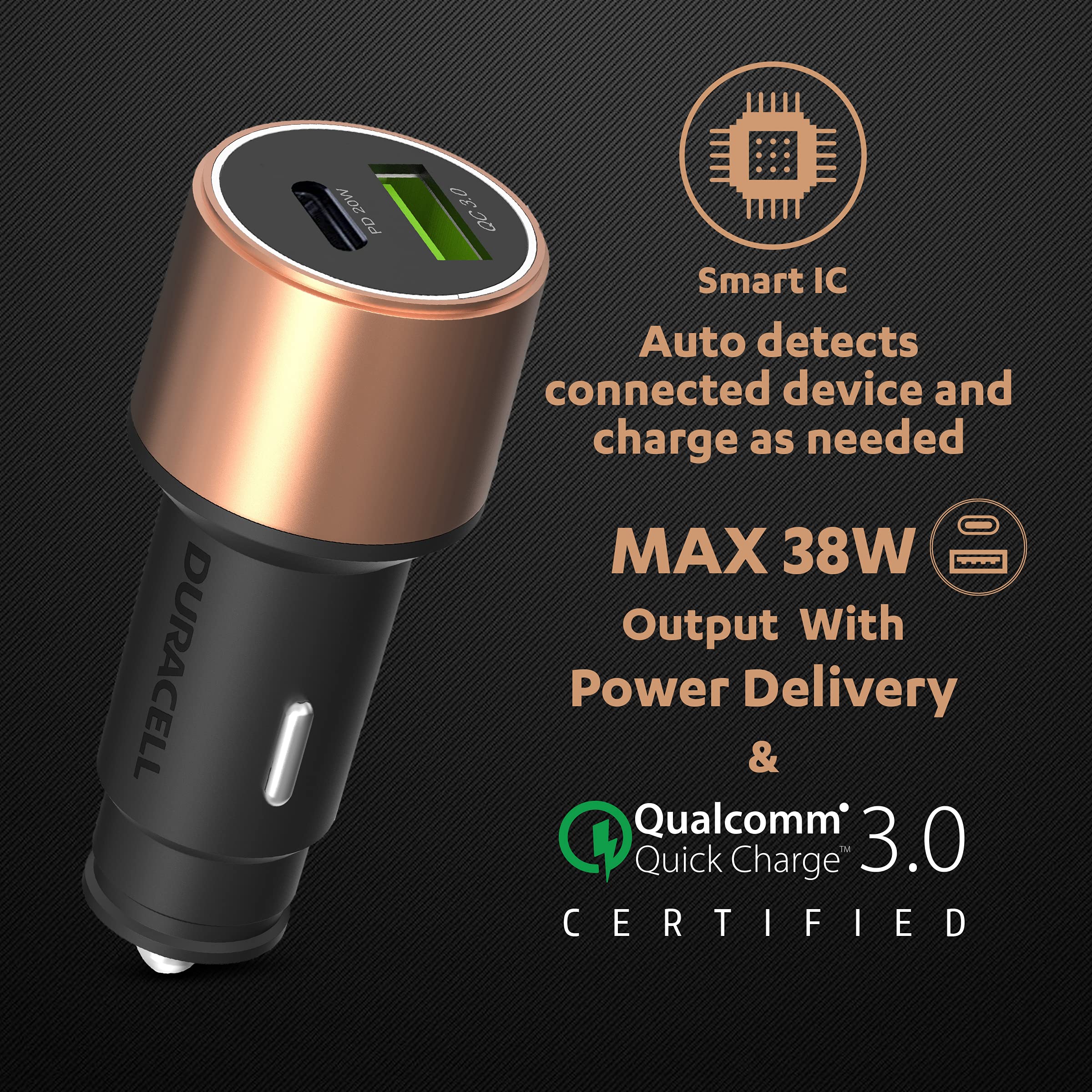 Duracell 38W Fast Car Charger Adapter with Dual Output. Quick Charge, Type C PD 20W & Qualcomm Certified 3.0 - Wireless Accessory from Duracell - Shop in Sri Lanka at Arcade.lk