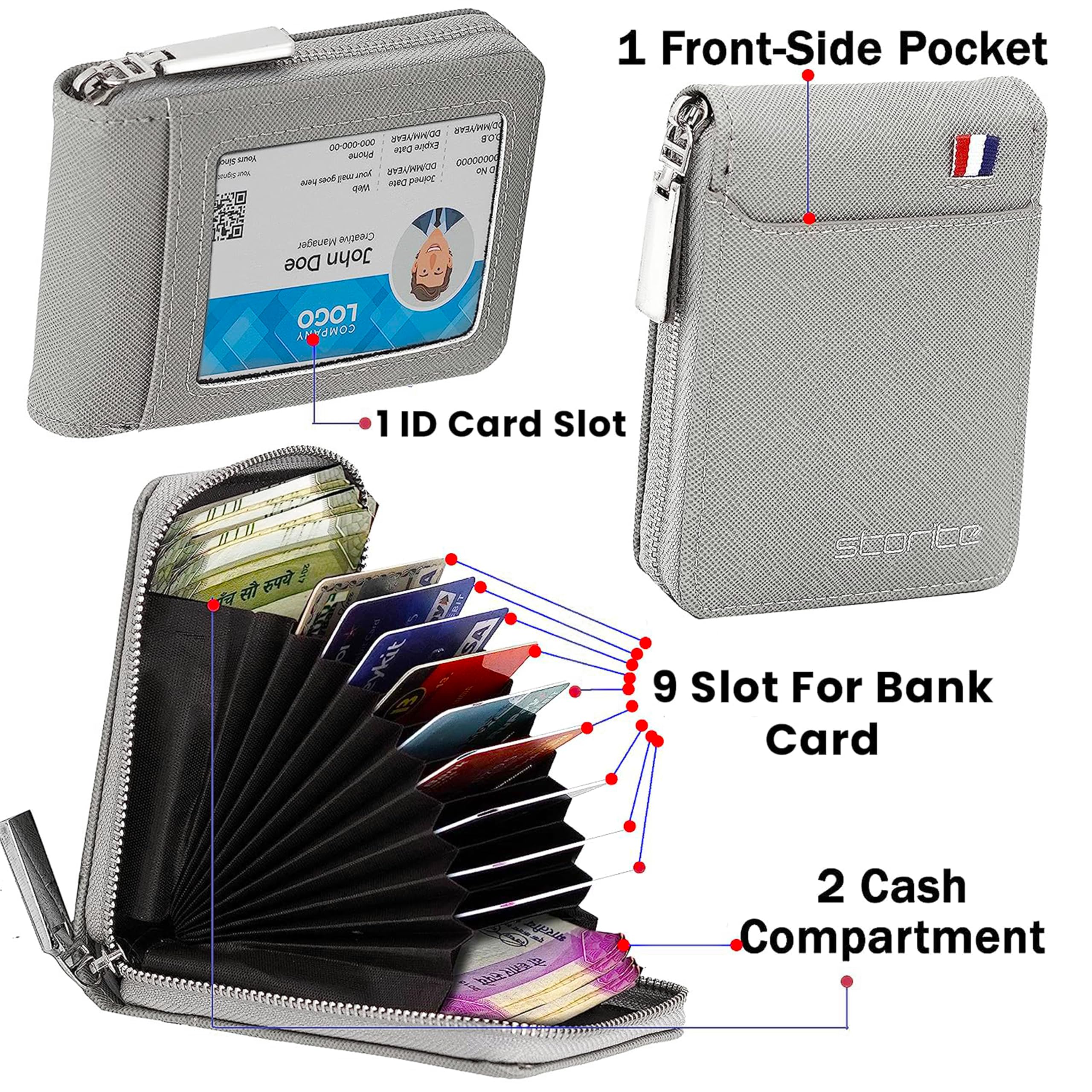 Storite PU Leather 9 Slot Vertical Credit Debit Card Holder Money Wallet Zipper Coin Purse for Men Women (Grey - 11.5 x 2 x 8 Cm)