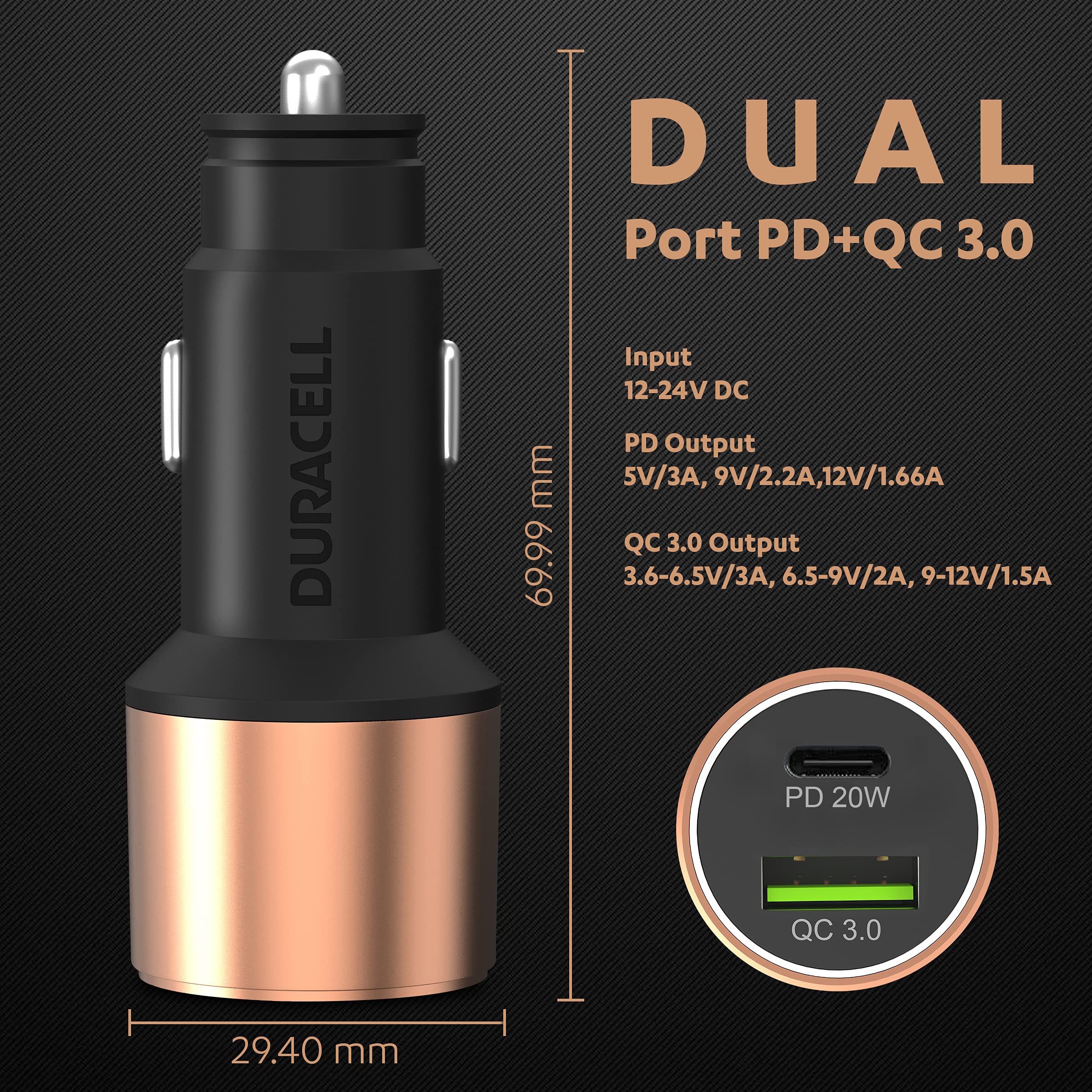 Duracell 38W Fast Car Charger Adapter with Dual Output. Quick Charge, Type C PD 20W & Qualcomm Certified 3.0 - Wireless Accessory from Duracell - Shop in Sri Lanka at Arcade.lk