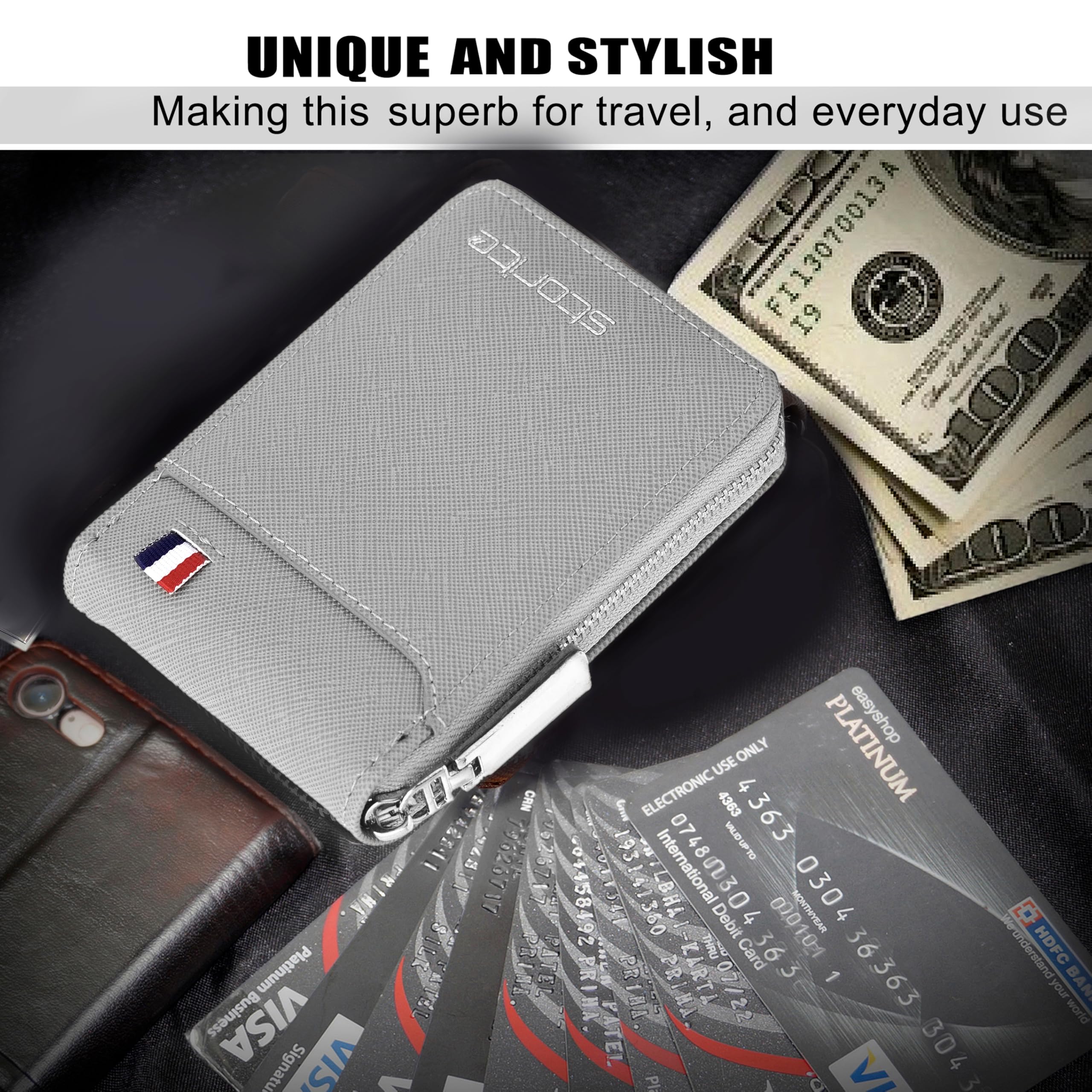 Storite PU Leather 9 Slot Vertical Credit Debit Card Holder Money Wallet Zipper Coin Purse for Men Women (Grey - 11.5 x 2 x 8 Cm)