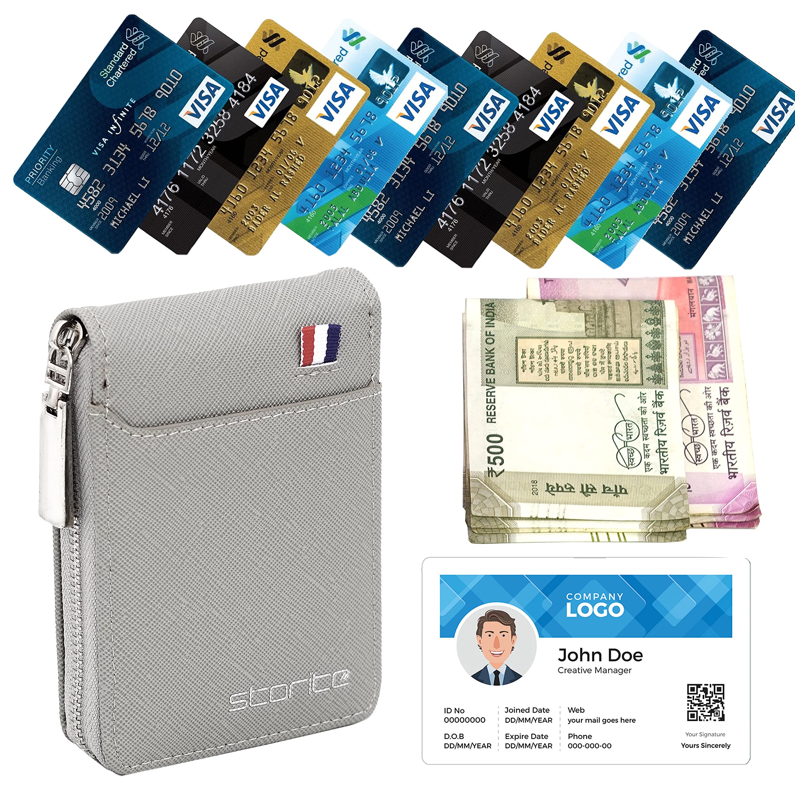 Storite PU Leather 9 Slot Vertical Credit Debit Card Holder Money Wallet Zipper Coin Purse for Men Women (Grey - 11.5 x 2 x 8 Cm)
