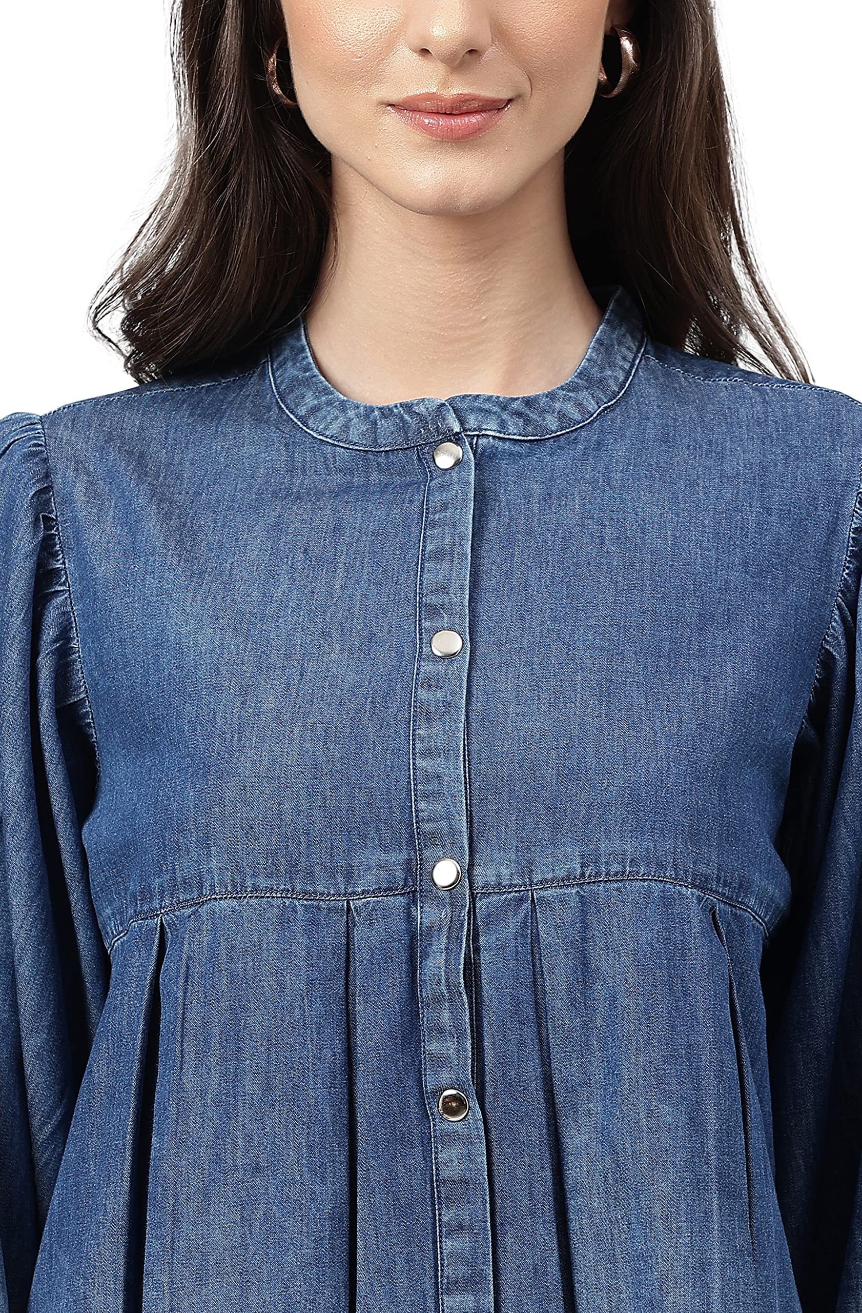 Women's Blue Denim Faded Flared Top(JNE4078-TP-M)