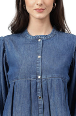 Women's Blue Denim Faded Flared Top(JNE4078-TP-M)