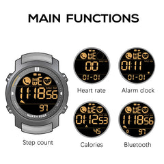 NORTH EDGE Men’s Digital Sports Watch | Military Style | 50M Waterproof | Pedometer, Heart Rate Monitor & Stopwatch | For Android & iOS