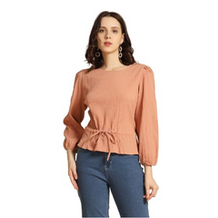 TAGAS Women's Solid Regular Fit Shirt (WT-701-PEACH) | Women's Satin Bubble Long Sleeve Top - Apparel from TAGAS - Shop in Sri Lanka at Arcade.lk