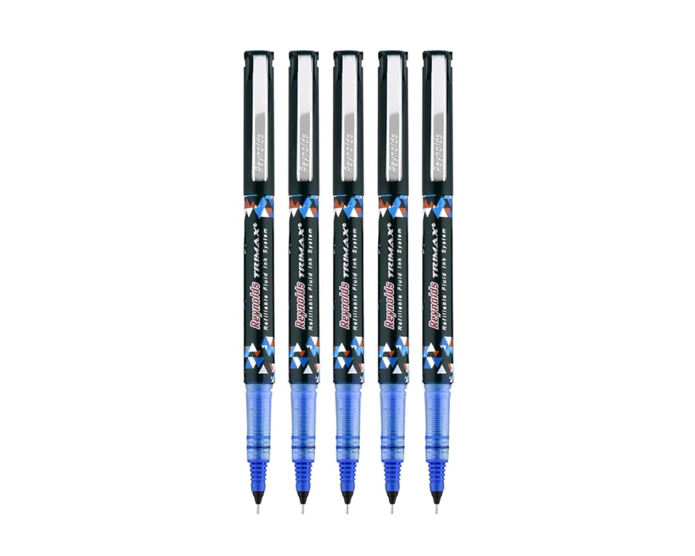 Reynolds TRIMAX RollerBall Pen SET - 5 PENS BLUE | ROLLER BALL PEN FOR WRITING | PEN FOR STUDENTS & OFFICE STATIONERY | 0.5 mm TIP SIZE
