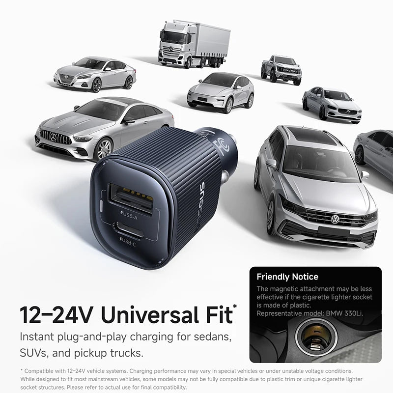 Baseus 30W | 60W Dual Port Car Charger | PD 3.0 USB-C Fast Charging Car Phone Charger for iPhone 8–18 Series Xiaomi & USB-C Devices