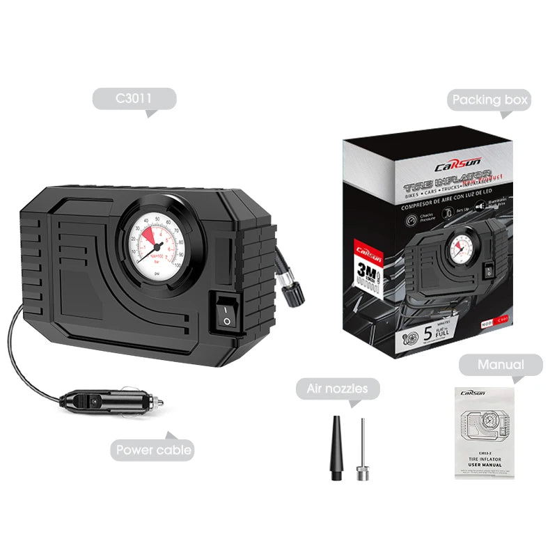 CARSUN Mini Air Pump Tire Inflator | Portable Electric Air Compressor 20L/Min for Car, Motorcycle & Bicycle