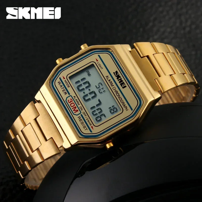 SKMEI 1123 Digital Watch for Men, 3Bar Waterproof LED Display, Stainless Steel Strap