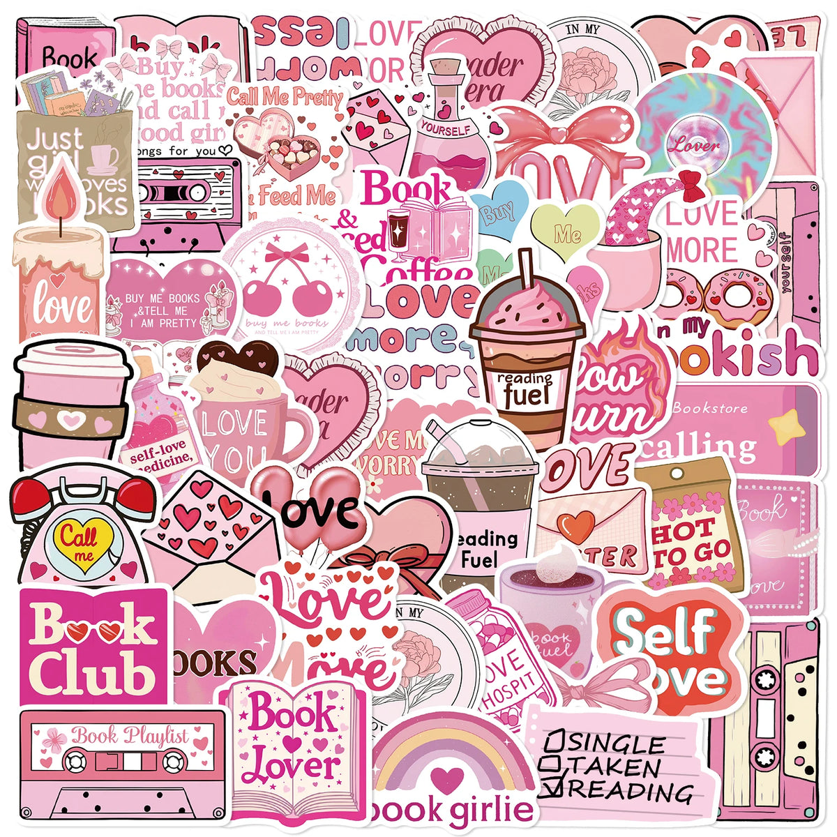 50pcs Pink Bookish Lover Stickers Pack | Inspirational Book Themed Vinyl Decals for Notebooks, Water Bottles & Luggage