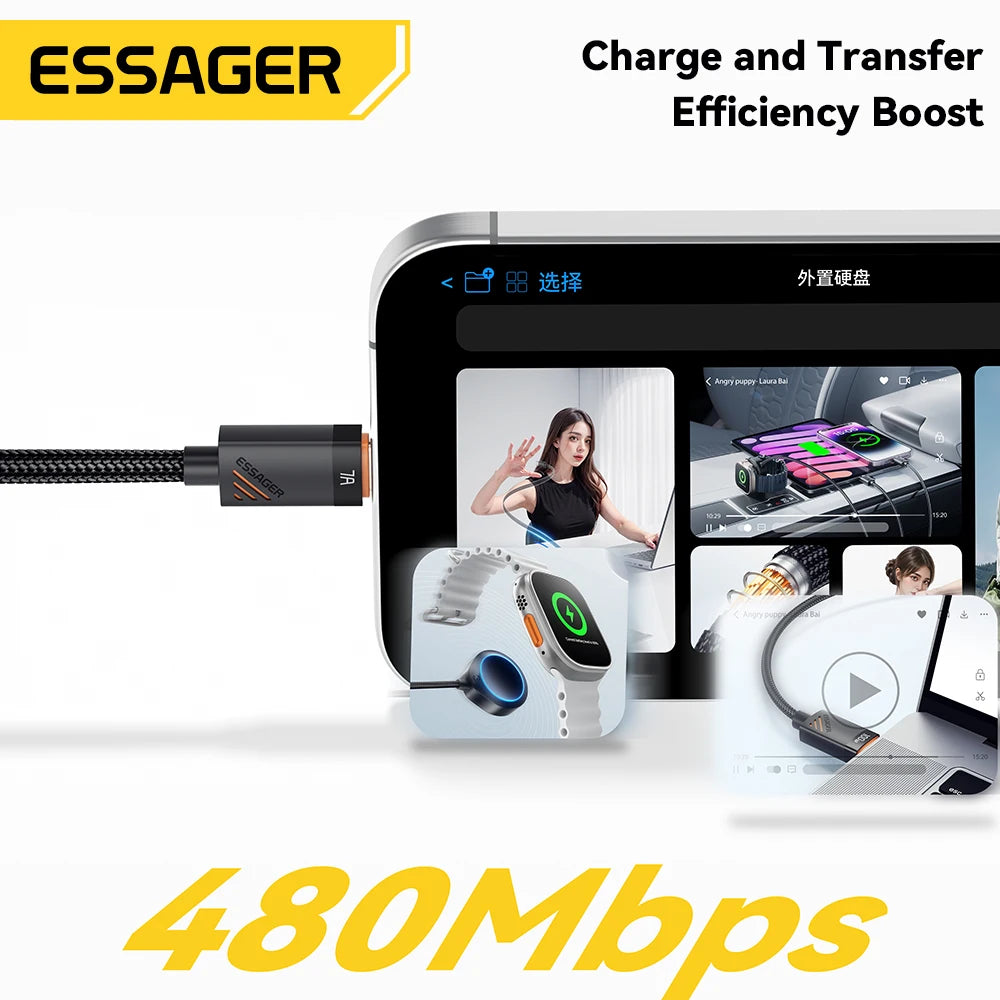 ESSAGER 100W USB-C to USB-C Spring Car Cable | PD Fast Charging Type-C Cable for iPhone Xiaomi Samsung MacBook & iPad