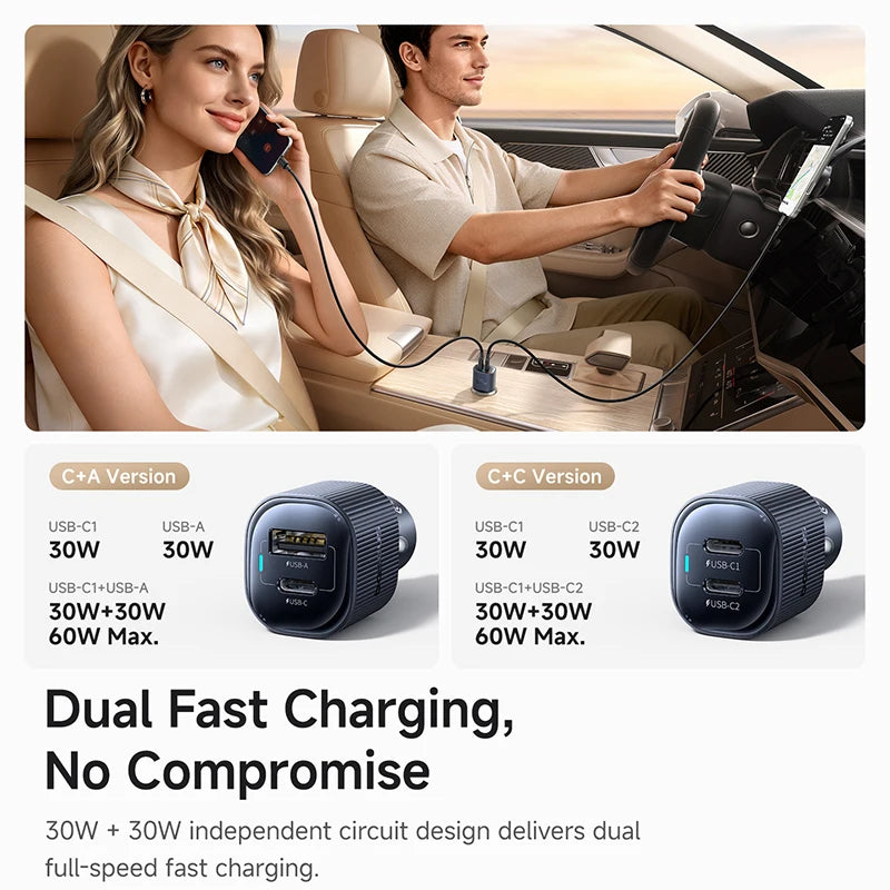 Baseus 30W | 60W Dual Port Car Charger | PD 3.0 USB-C Fast Charging Car Phone Charger for iPhone 8–18 Series Xiaomi & USB-C Devices