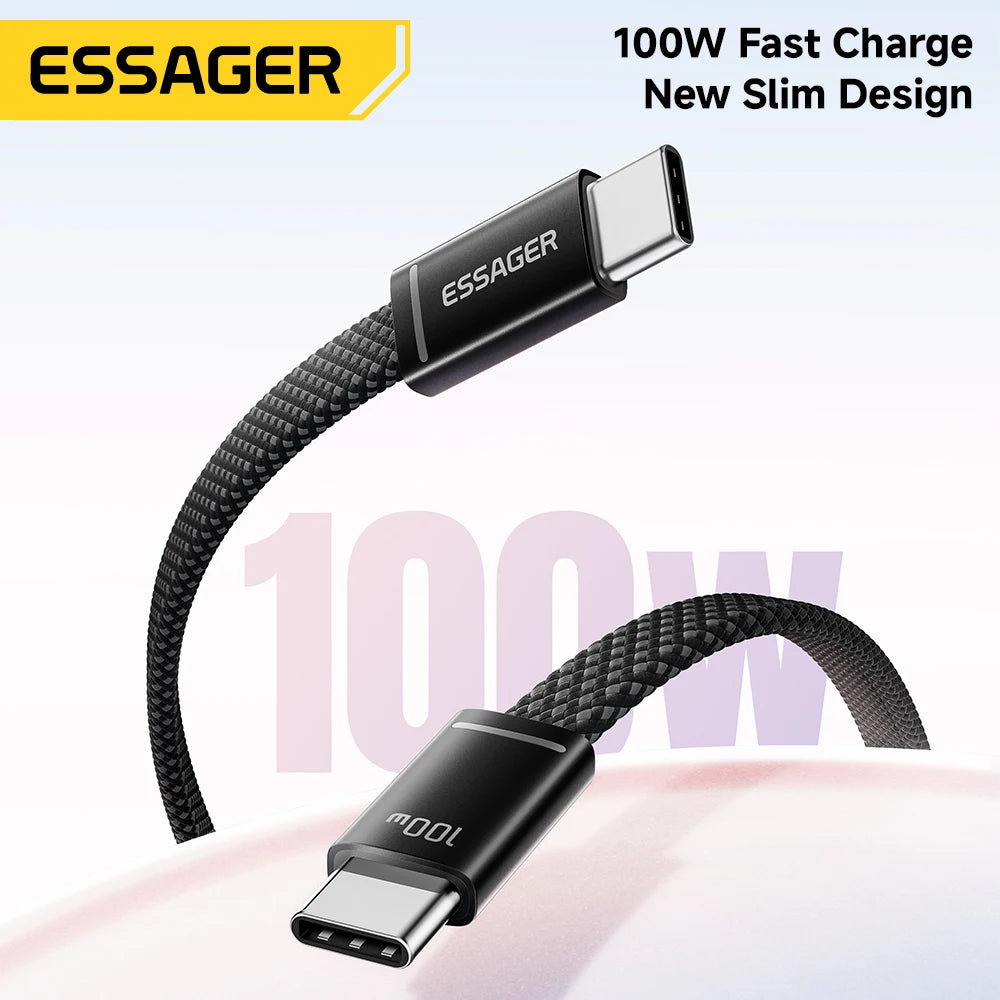 ESSAGER 100W USB-C to USB-C Slim Cable | 5A PD Fast Charging & Data Cable for MacBook iPhone 18 17 16 Pro Max iPad Xiaomi & USB-C Laptops