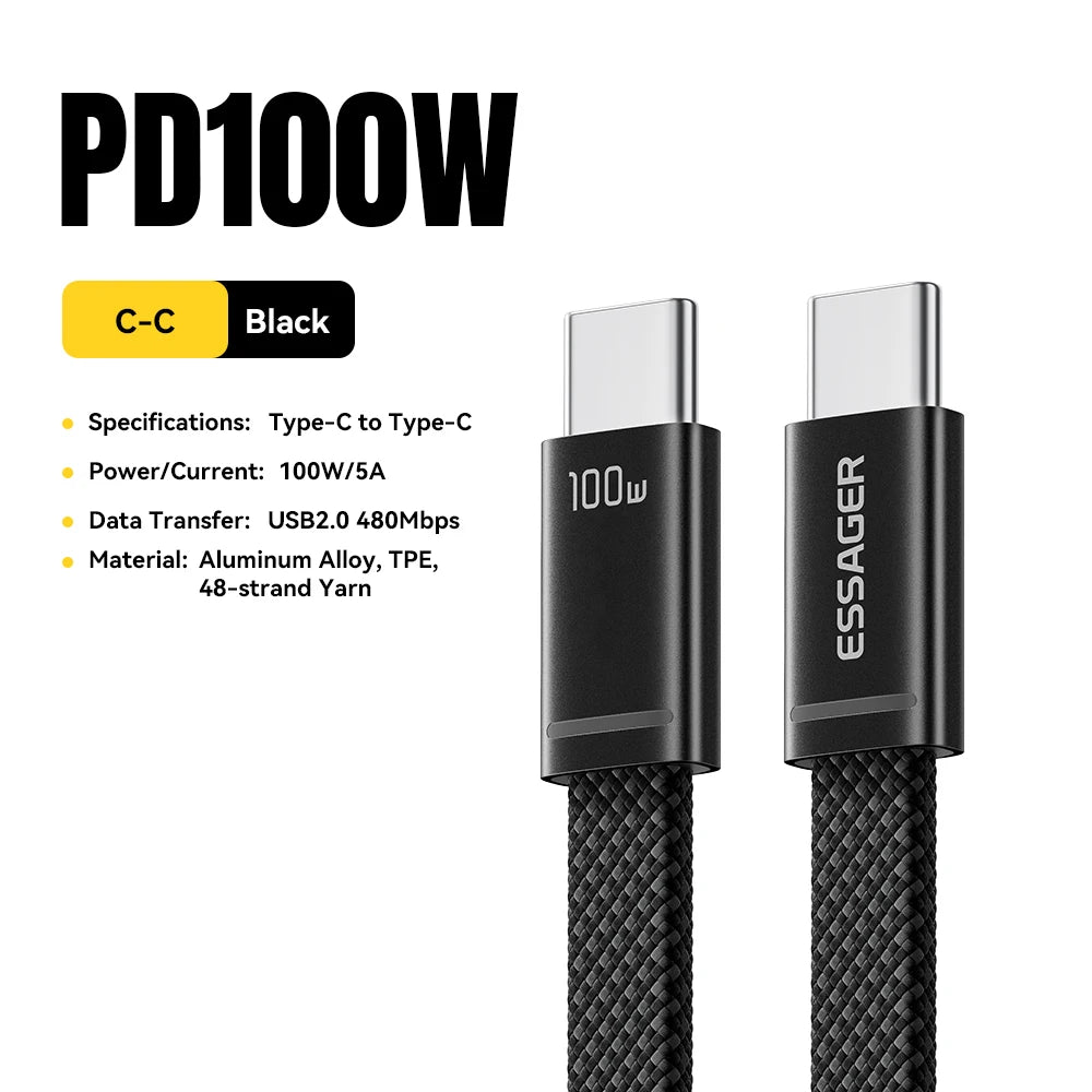 ESSAGER 100W USB-C to USB-C Slim Cable | 5A PD Fast Charging & Data Cable for MacBook iPhone 18 17 16 Pro Max iPad Xiaomi & USB-C Laptops