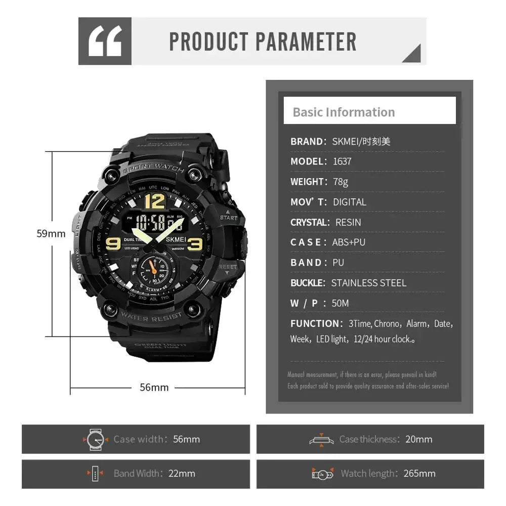 SKMEI 1637 Dual Movement Sport Watch for Men, 3-Time Display, Waterproof & Shockproof, Electronic Digital Watch