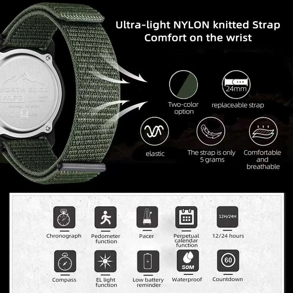 NORTH EDGE ALPS 45mm Men’s Outdoor Watch | Waterproof Compass Metronome Watch with Carbon Fiber Case & Nylon Strap for Men
