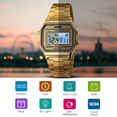 SKMEI 1123 Digital Watch for Men, 3Bar Waterproof LED Display, Stainless Steel Strap