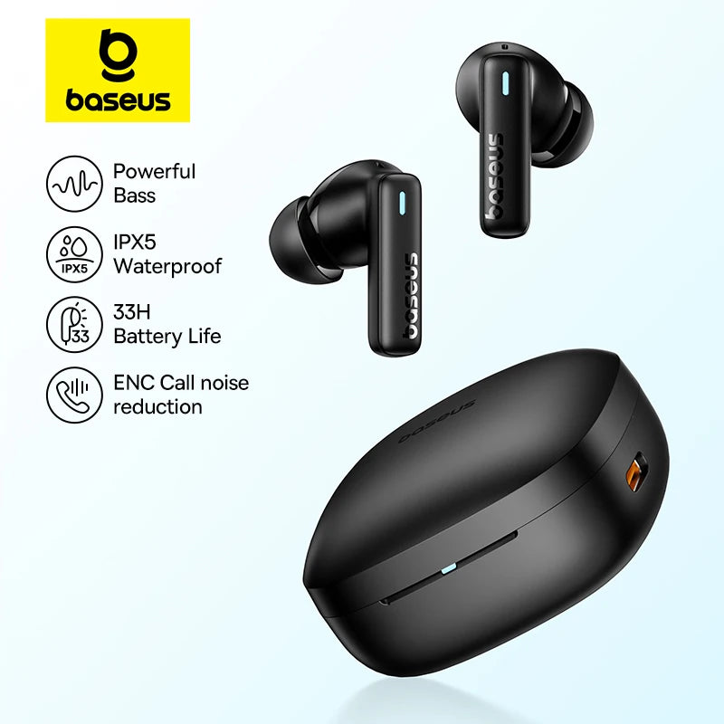 Baseus Bowie E19 Wireless Earphones, Bluetooth 5.3, 12mm Drivers, Big Bass, IPX5 Waterproof, 33H Battery Life