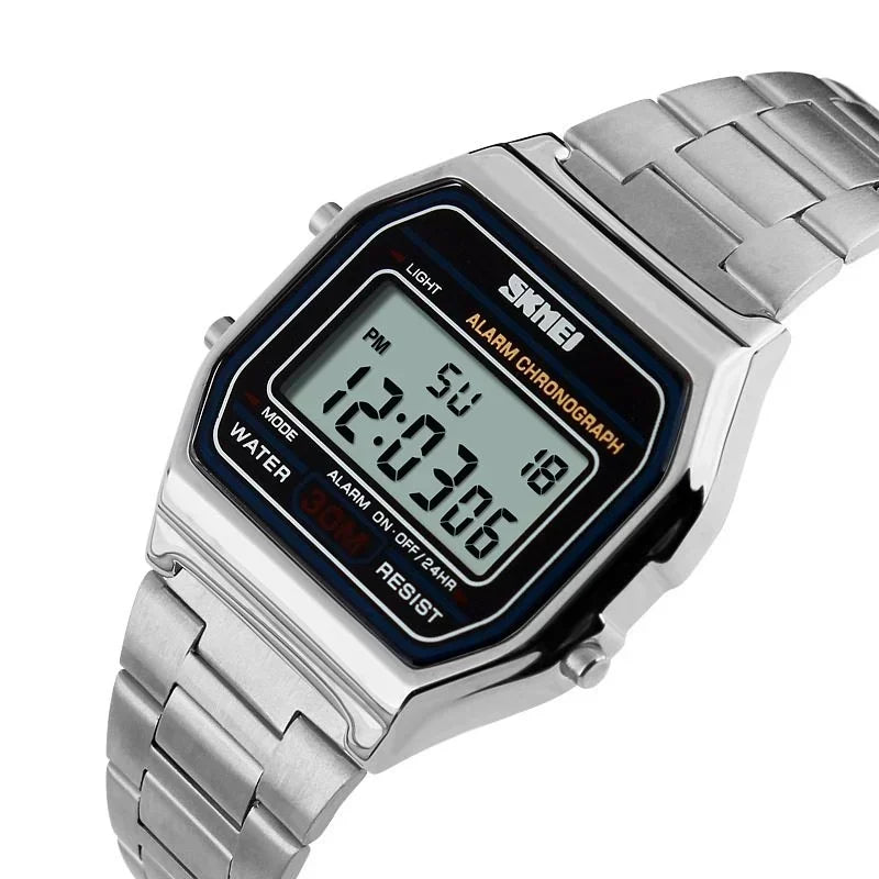 SKMEI 1123 Digital Watch for Men, 3Bar Waterproof LED Display, Stainless Steel Strap