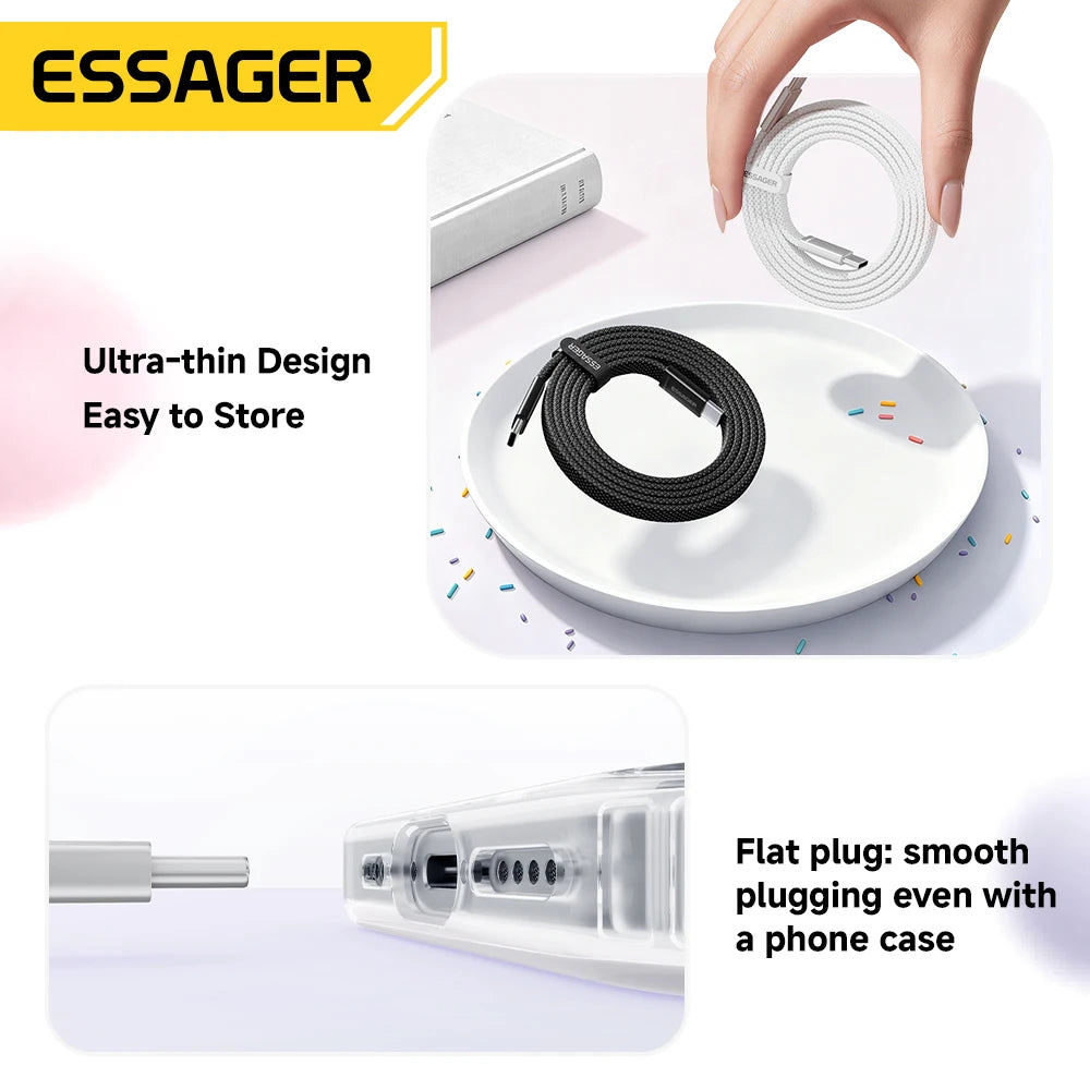 ESSAGER 100W USB-C to USB-C Slim Cable | 5A PD Fast Charging & Data Cable for MacBook iPhone 18 17 16 Pro Max iPad Xiaomi & USB-C Laptops