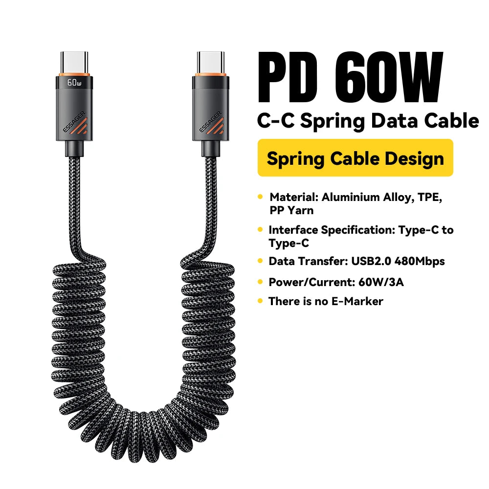 ESSAGER 100W USB-C to USB-C Spring Car Cable | PD Fast Charging Type-C Cable for iPhone Xiaomi Samsung MacBook & iPad