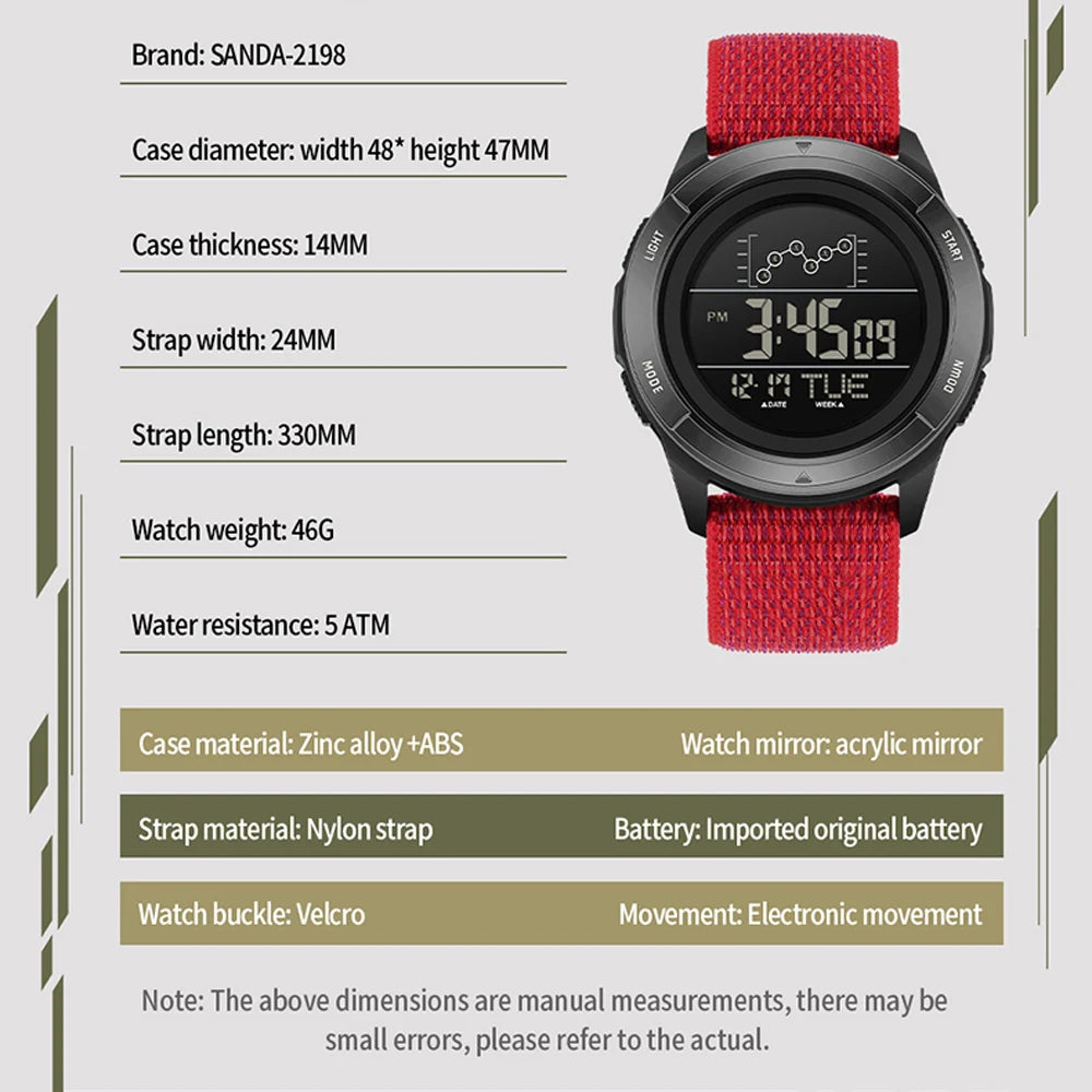 SANDA 2198 Electronic Watch, Nylon Strap, Digital Display, Multifunctional Alarm Clock, Student Watch, Waterproof Military Sports Watch