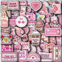50pcs Pink Bookish Lover Stickers Pack | Inspirational Book Themed Vinyl Decals for Notebooks, Water Bottles & Luggage