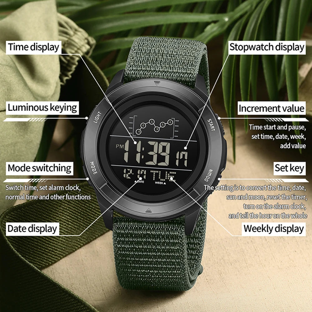 SANDA 2198 Electronic Watch, Nylon Strap, Digital Display, Multifunctional Alarm Clock, Student Watch, Waterproof Military Sports Watch