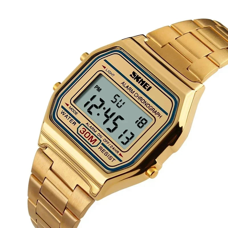 SKMEI 1123 Digital Watch for Men, 3Bar Waterproof LED Display, Stainless Steel Strap