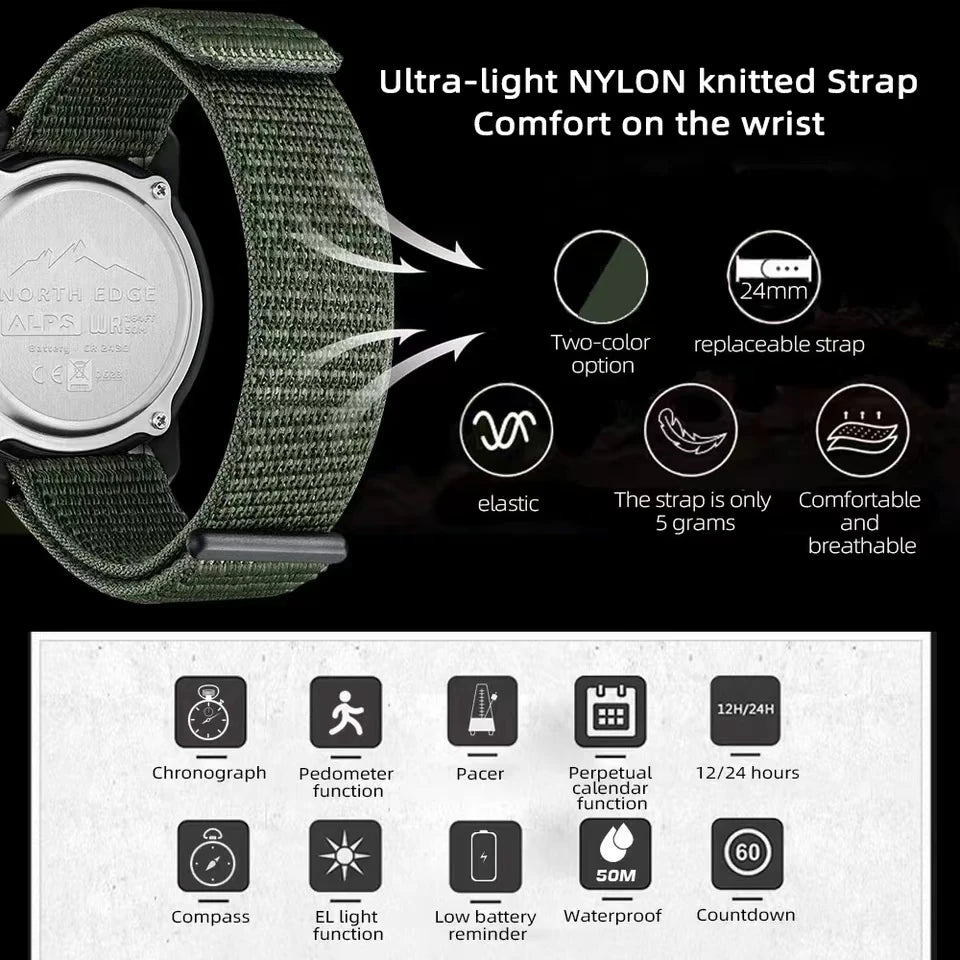 NORTH EDGE ALPS 45MM Men's Watch, Outdoor Sports & Swimming, Metronome & Compass, Waterproof Carbon Fiber Case, Nylon Strap