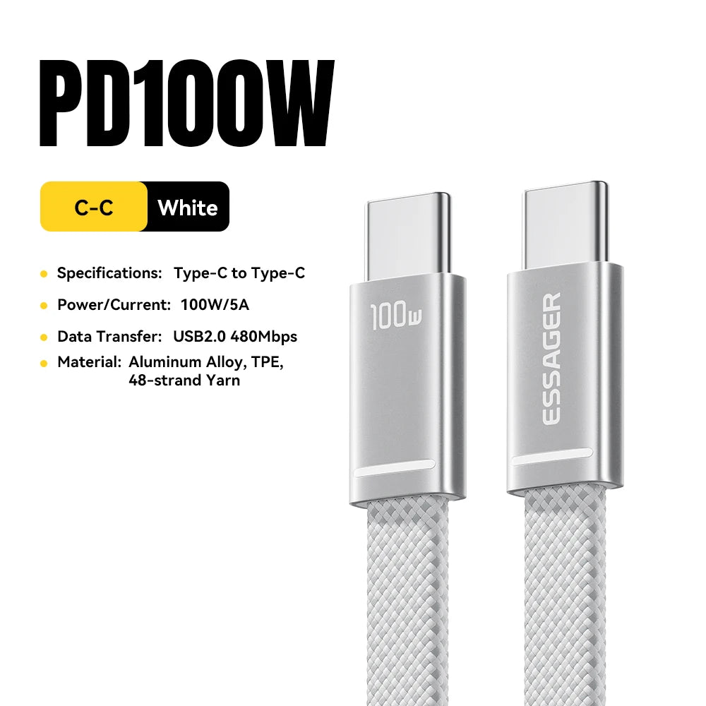 ESSAGER 100W USB-C to USB-C Slim Cable | 5A PD Fast Charging & Data Cable for MacBook iPhone 18 17 16 Pro Max iPad Xiaomi & USB-C Laptops