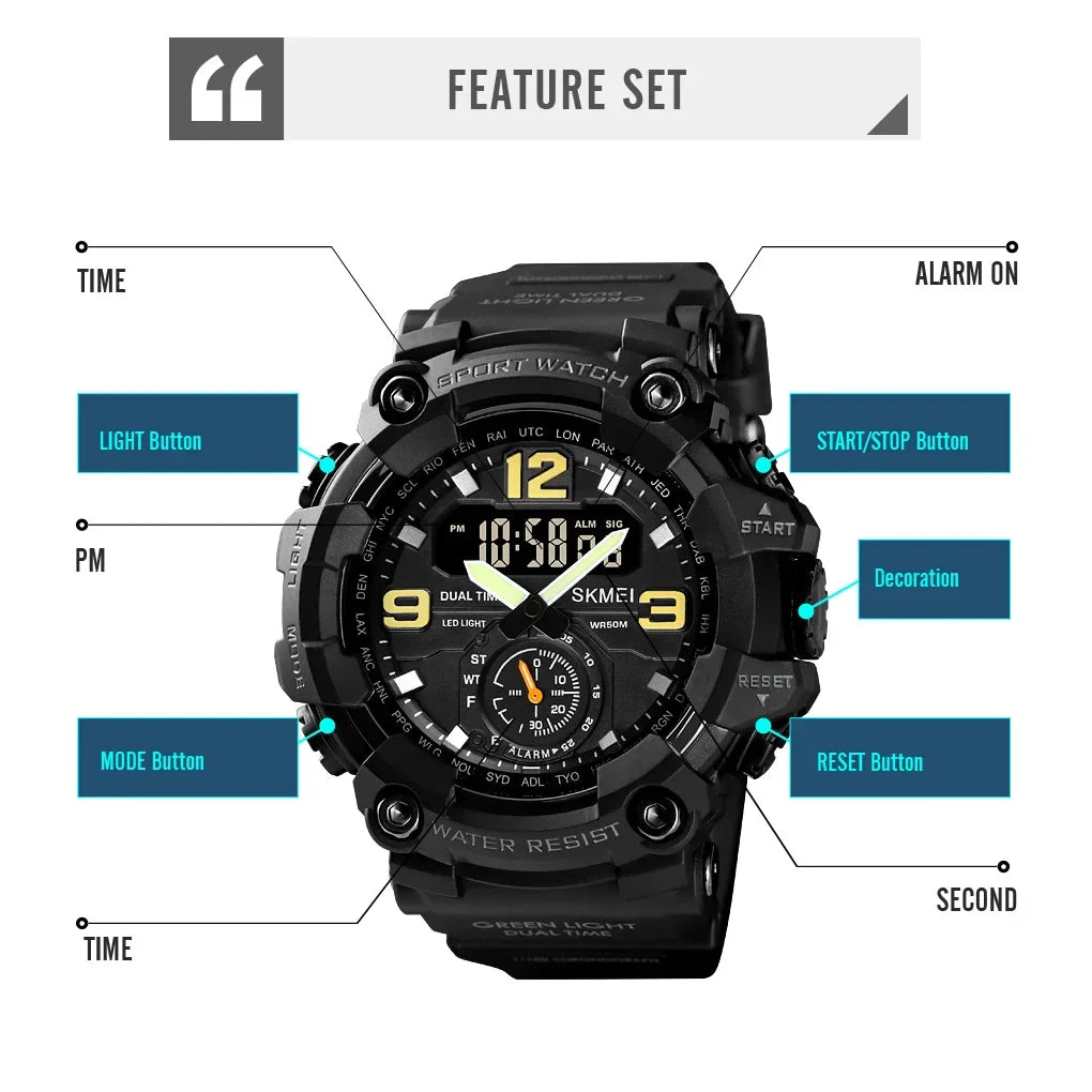 SKMEI 1637 Dual Movement Sport Watch for Men, 3-Time Display, Waterproof & Shockproof, Electronic Digital Watch