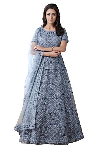 Bollyclues Women's Mono Net Embroidered Grey Semi Stitch Gown(Grey-Botti_Semi Stitch) -  DRESSES in Sri Lanka from Arcade Online Shopping - Just Rs. 7099!
