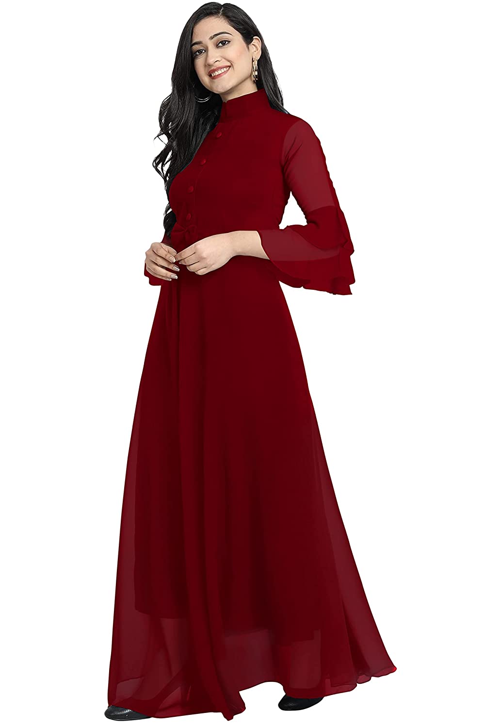 FIBREZA Women's Georgette Traditional A Line Western Long Dress with Collar Neck Flare Sleeve Pattern -  Dresses in Sri Lanka from Arcade Online Shopping - Just Rs. 6299!