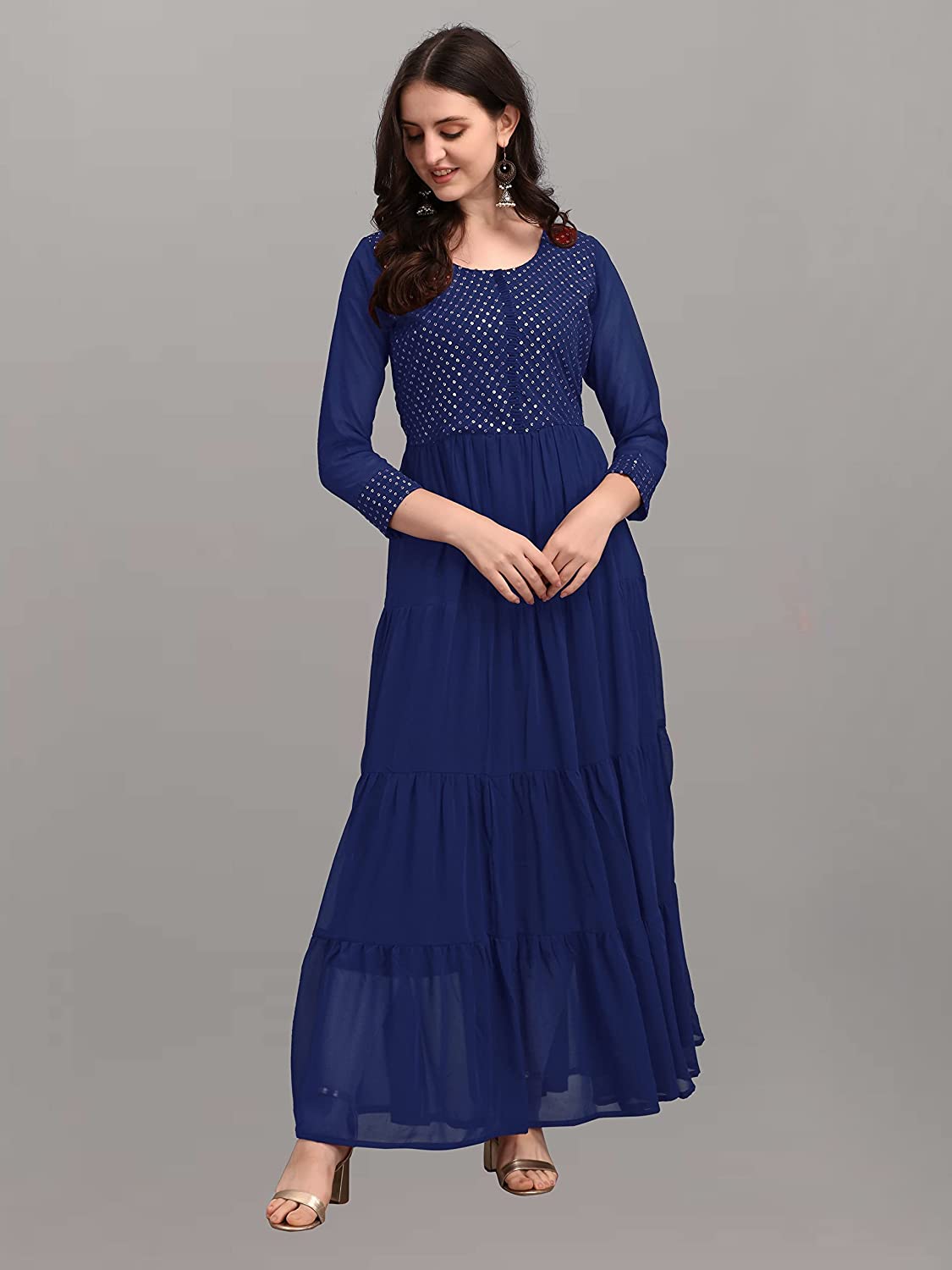 FIBREZA Women's Georgette Traditional Ethnic Long Sequins Embroidered Gown Western Dress with Round Neck -  DRESSES in Sri Lanka from Arcade Online Shopping - Just Rs. 6299!