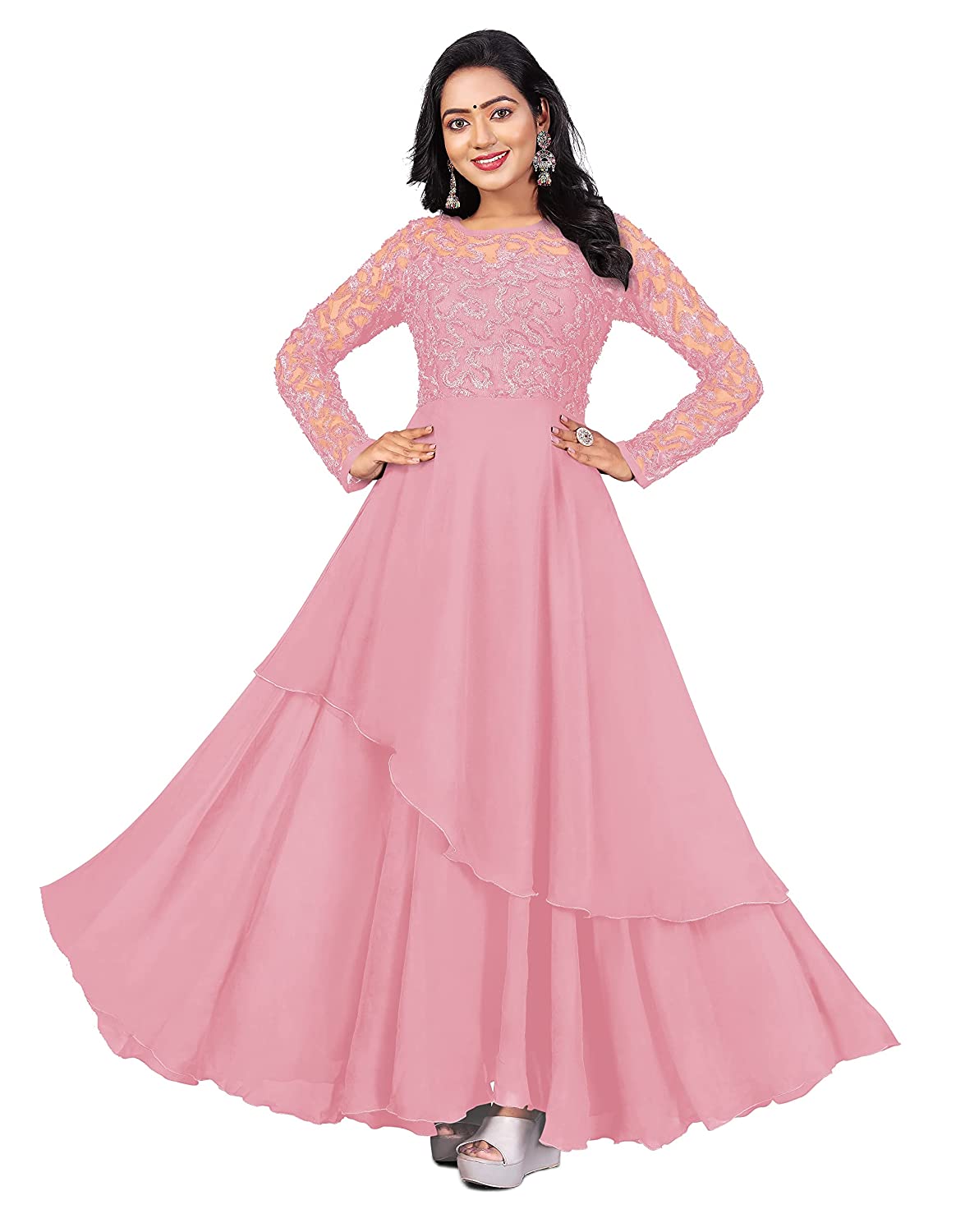 FIBREZA Women's Georgette Traditional Ethnic Long Gown Western Dress with Round Neck Long Sleeve Ribbin Embroidery Work -  Gowns in Sri Lanka from Arcade Online Shopping - Just Rs. 6799!