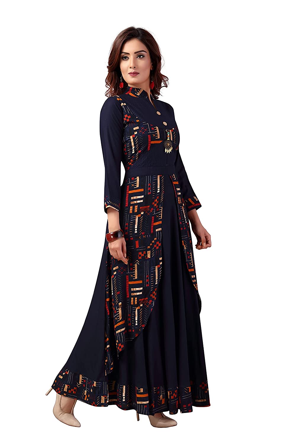 Madhuram textiles Women's A-line and 3/4th Sleeves Fully Stitched Plain Printed Kurta with Ankle Length and Mandarin Neck Collar and Long Kurtis for Women -  Kurtas & Kurtis in Sri Lanka from Arcade Online Shopping - Just Rs. 7199!