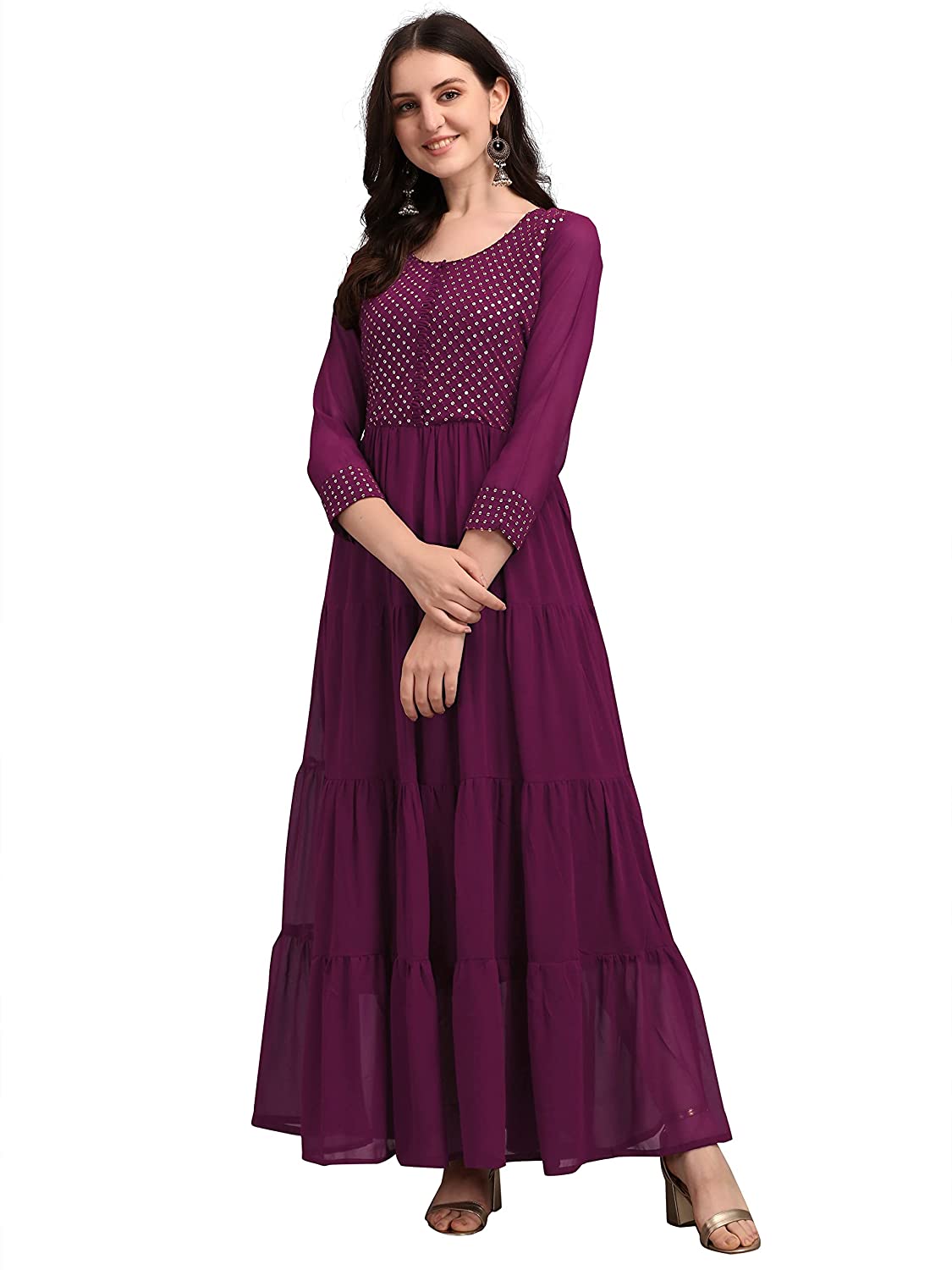 FIBREZA Women's Georgette Traditional Ethnic Long Sequins Embroidered Gown Western Dress with Round Neck -  DRESSES in Sri Lanka from Arcade Online Shopping - Just Rs. 6299!