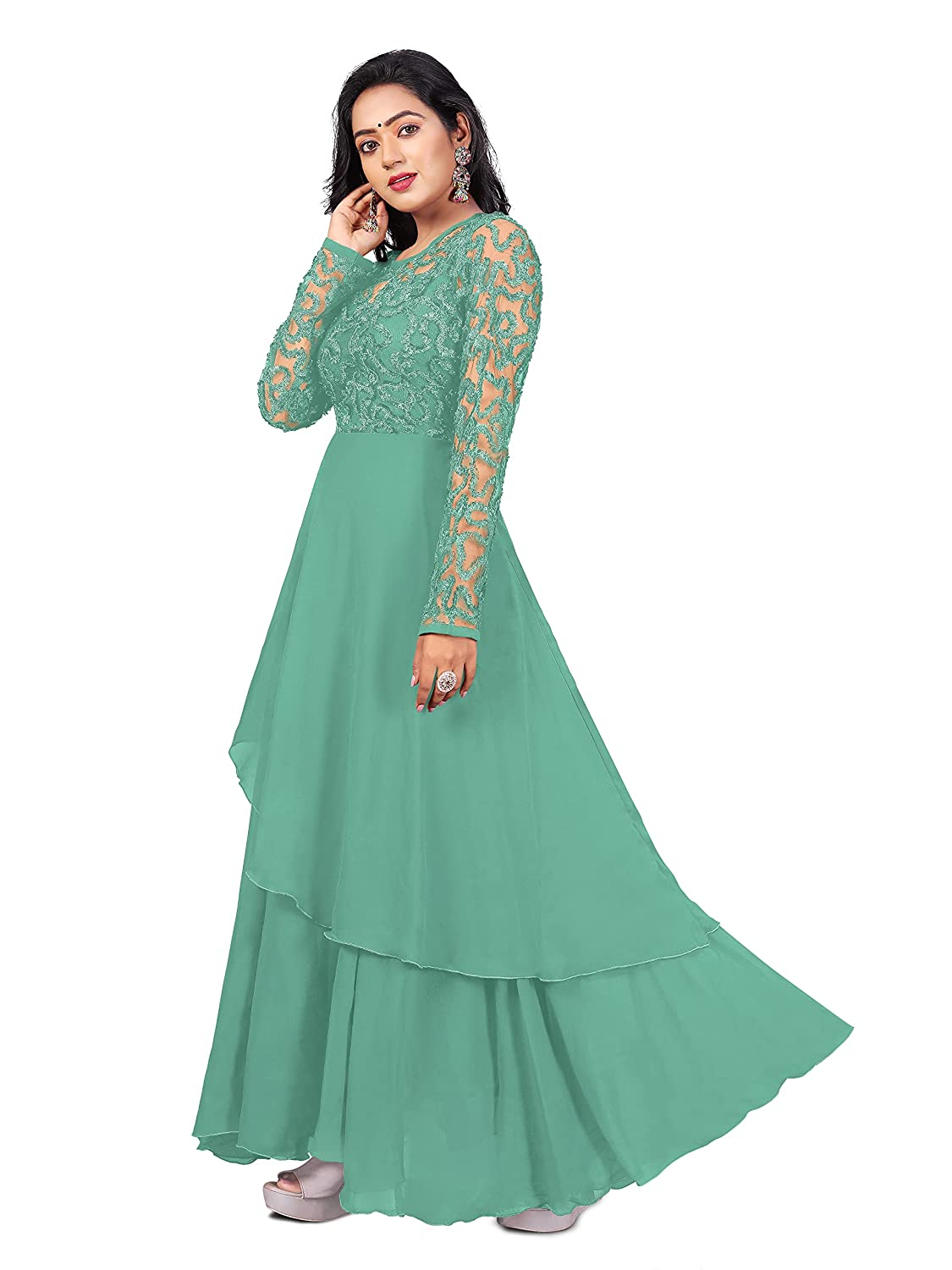 FIBREZA Women's Georgette Traditional Ethnic Long Gown Western Dress with Round Neck Long Sleeve Ribbin Embroidery Work -  Gowns in Sri Lanka from Arcade Online Shopping - Just Rs. 6799!