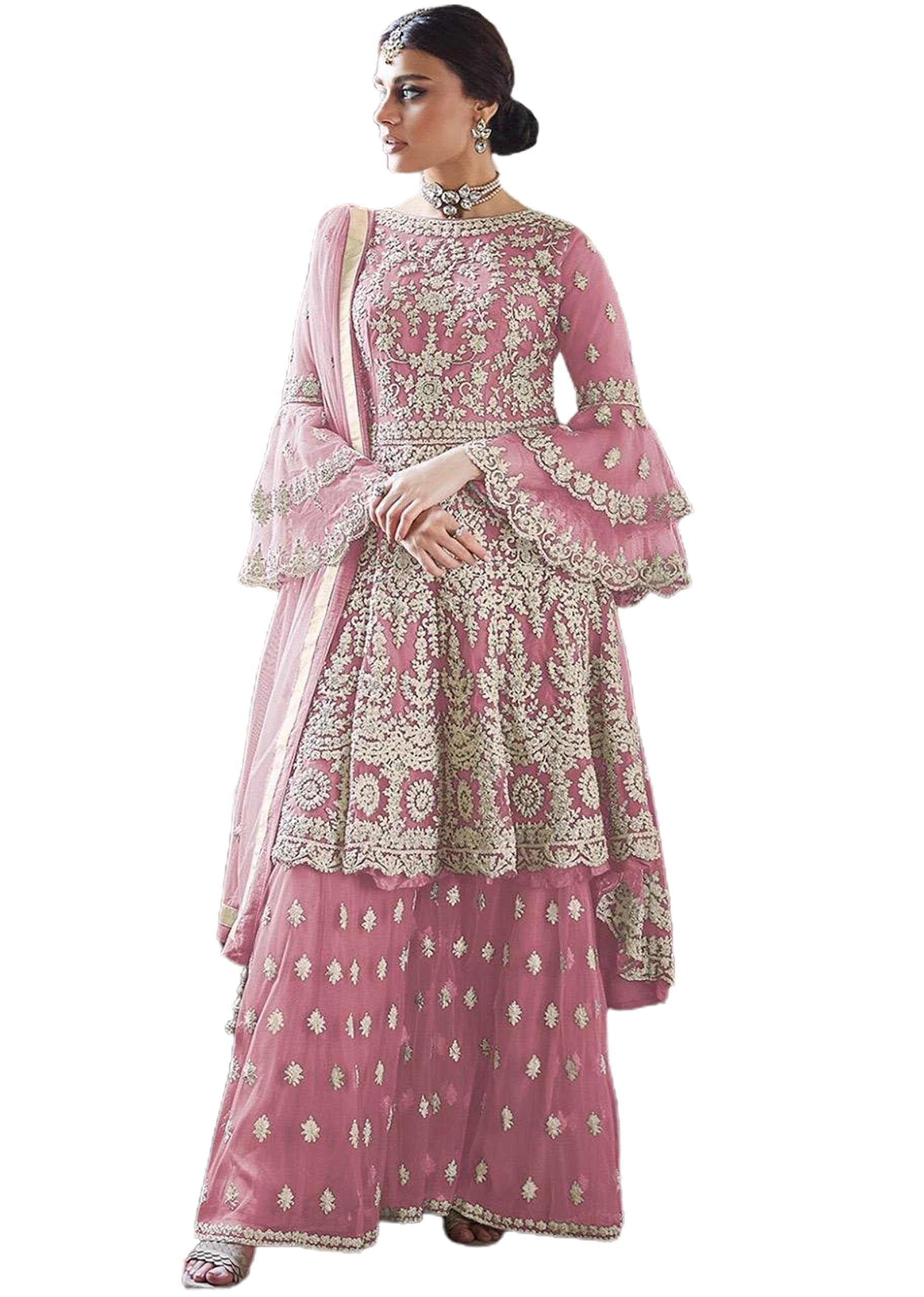 Miss Ethnik Women's Net Semi Stitched Top With Bottom and Dupatta Embroidered Flared Top (Kurta Palazzo Set) -  Salwar Suits in Sri Lanka from Arcade Online Shopping - Just Rs. 7400!