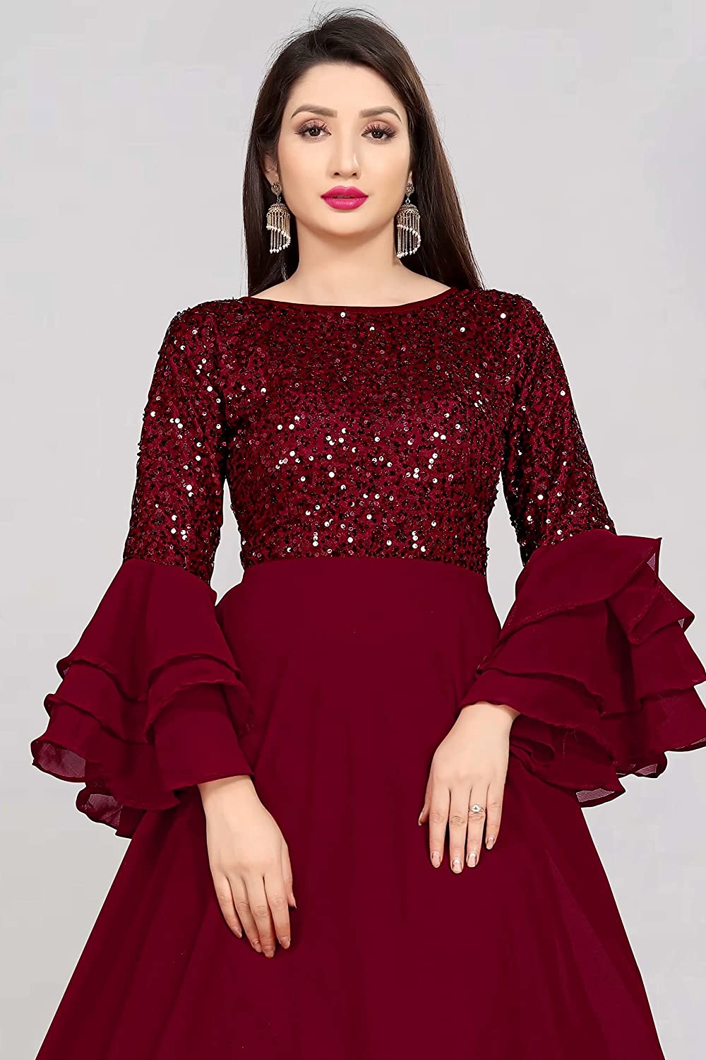 FIBREZA Women's Georgette Traditional Ethnic Long Sequins Embroidered Gown Western Dress with Round Neck Flare Sleeve Pattern -  Dresses in Sri Lanka from Arcade Online Shopping - Just Rs. 7199!