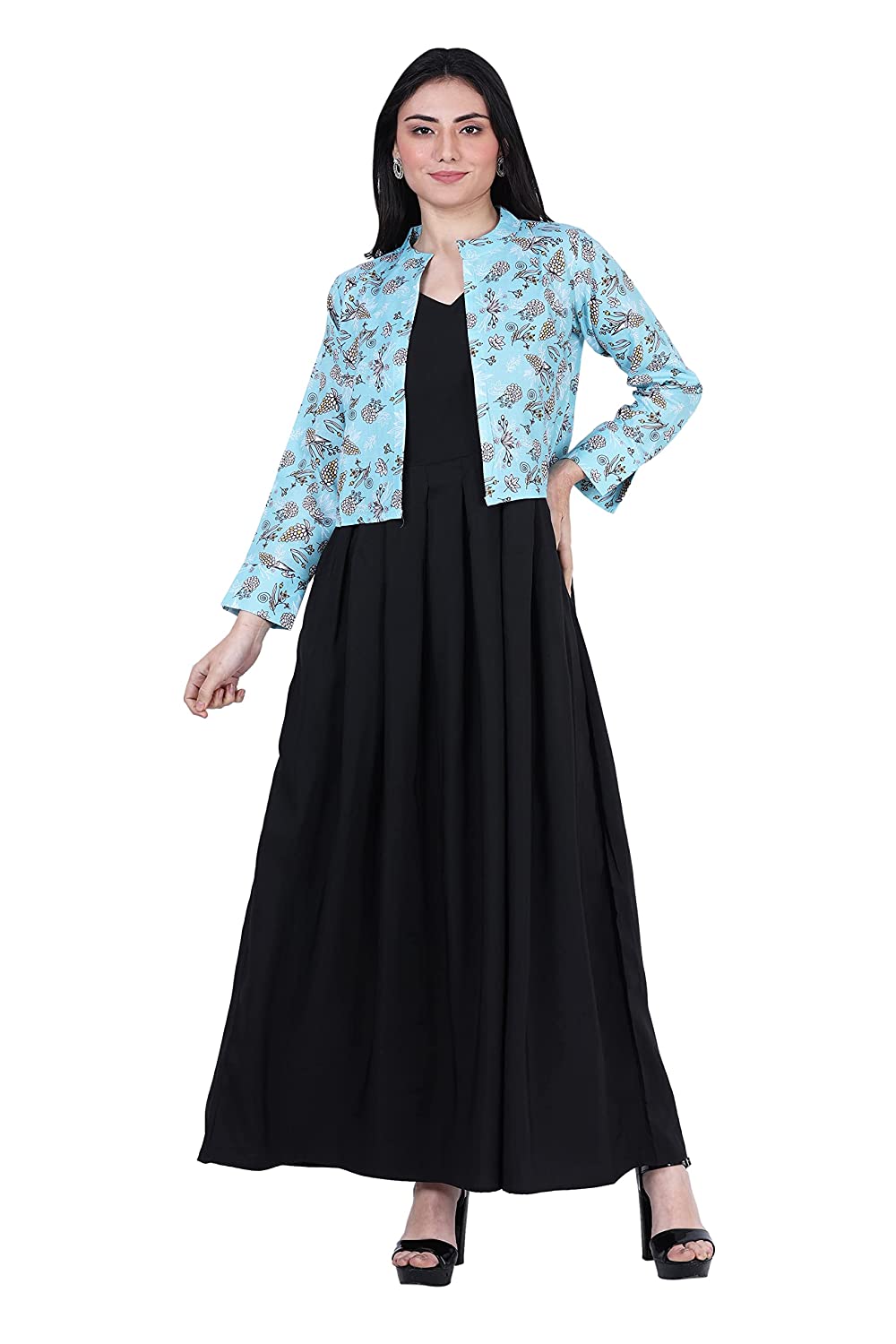 IQRA Fashion Women's Fit and Flare Crepe Gown V-Neck Dress with Floral Printed Jacket Maxi Dress -  Dresses in Sri Lanka from Arcade Online Shopping - Just Rs. 5499!